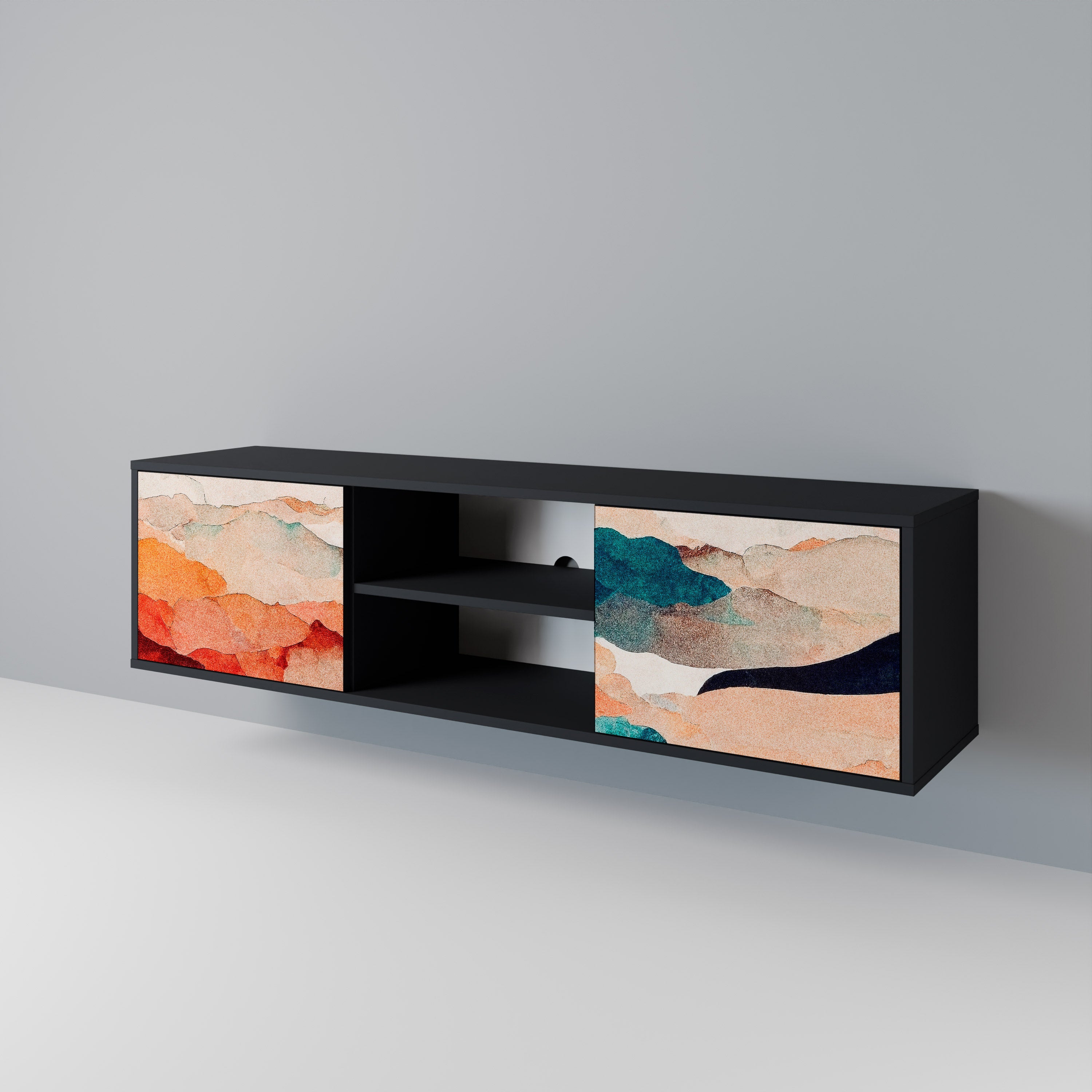 Βάση τηλεόρασης ABSTRACT LANDSCAPE με 2 πόρτες σε μαύρο φινίρισμα