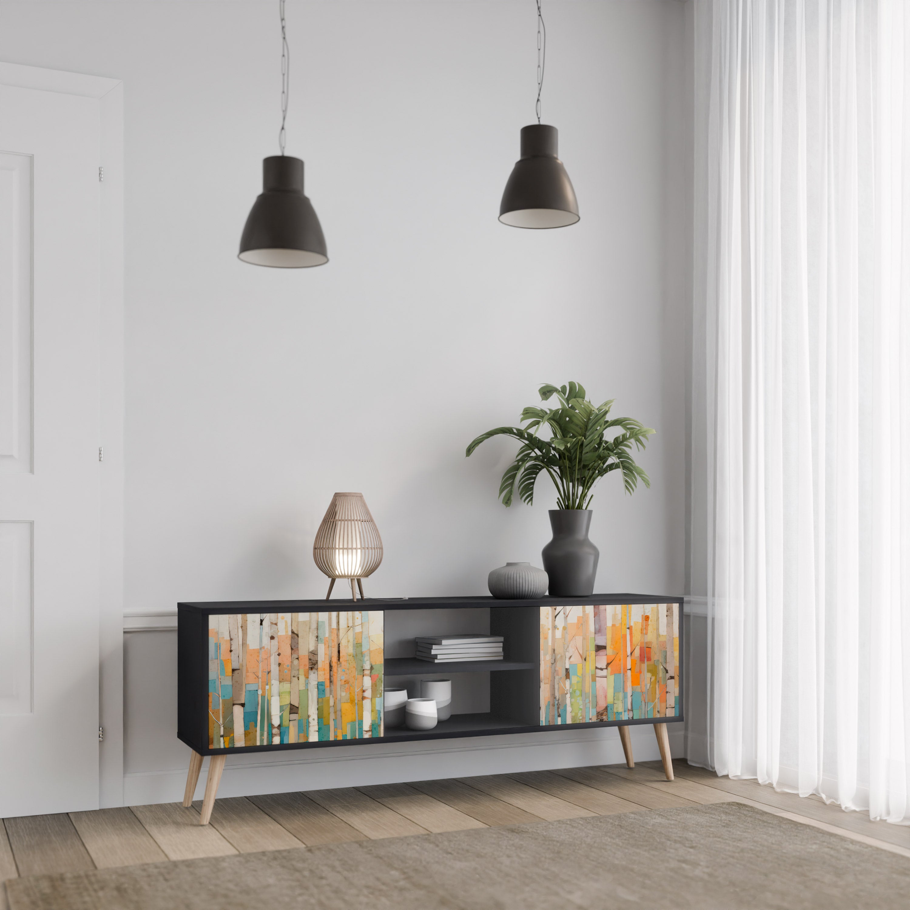 Βάση τηλεόρασης BIRCH KALEIDOSCOPE με 2 πόρτες σε μαύρο φινίρισμα