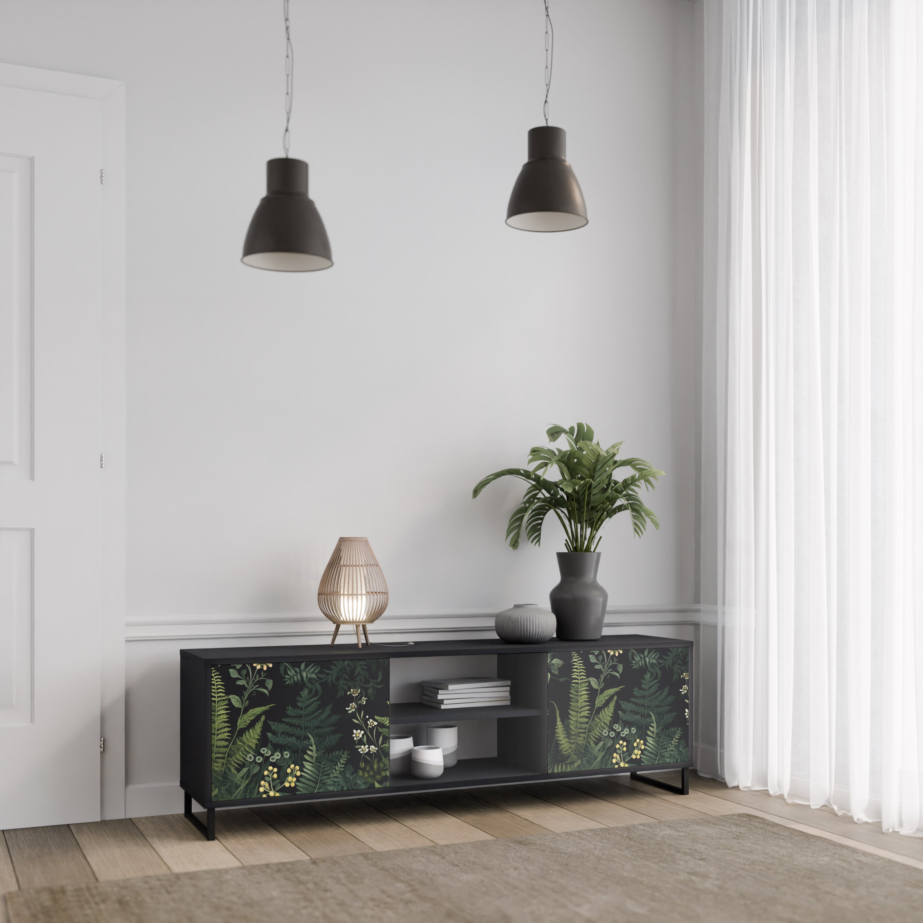 Βάση τηλεόρασης FERN FLOWERS 2 πορτών σε μαύρο φινίρισμα