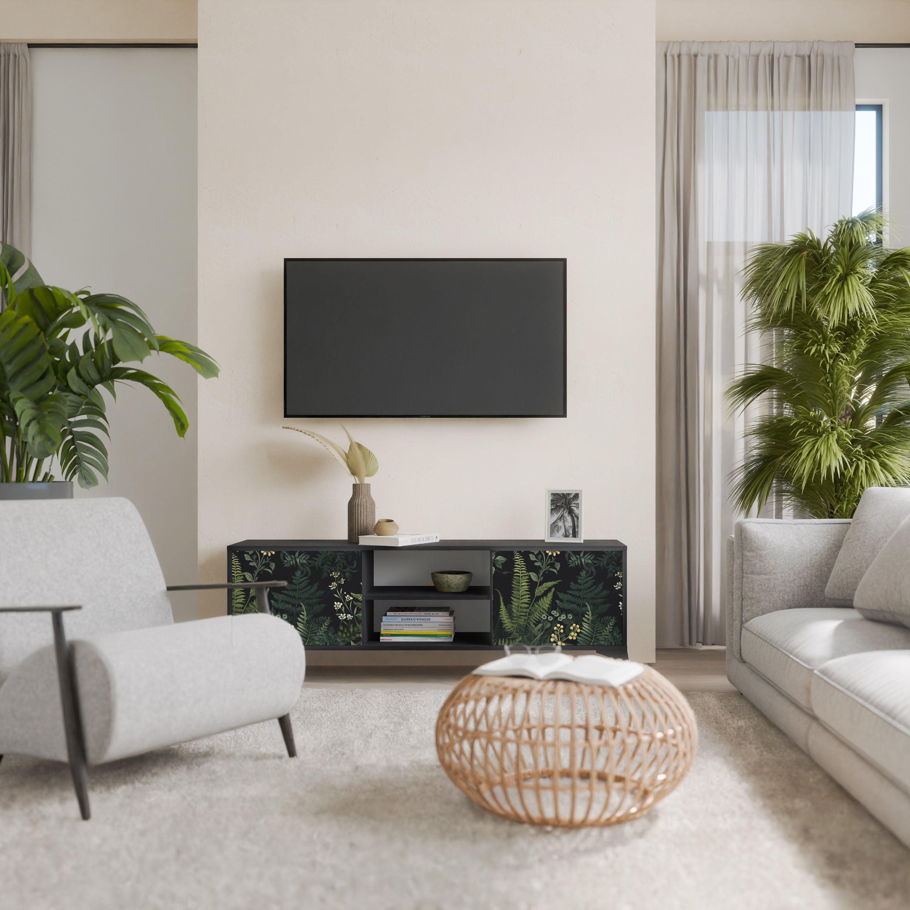 Βάση τηλεόρασης FERN FLOWERS 2 πορτών σε μαύρο φινίρισμα