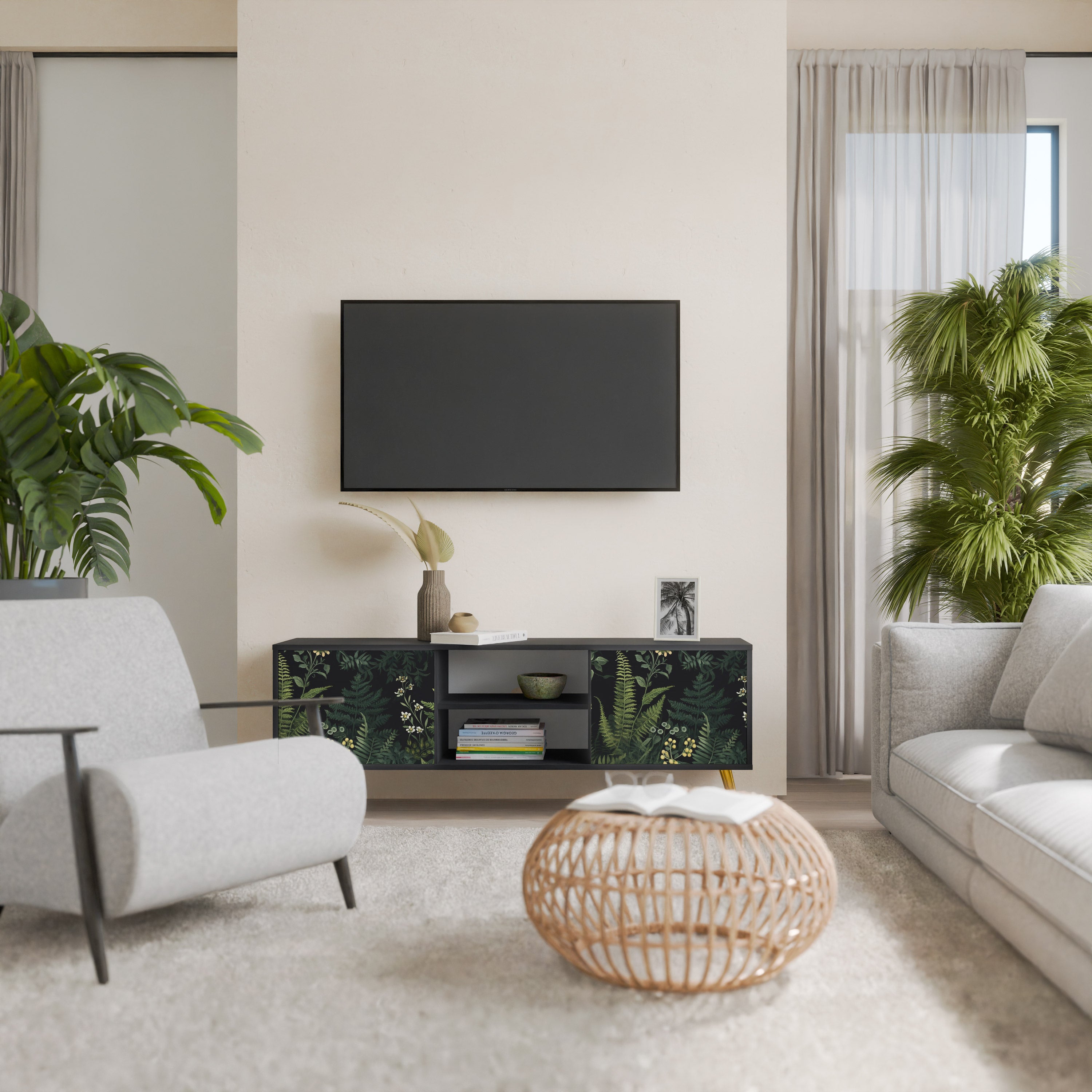Βάση τηλεόρασης FERN FLOWERS 2 πορτών σε μαύρο φινίρισμα