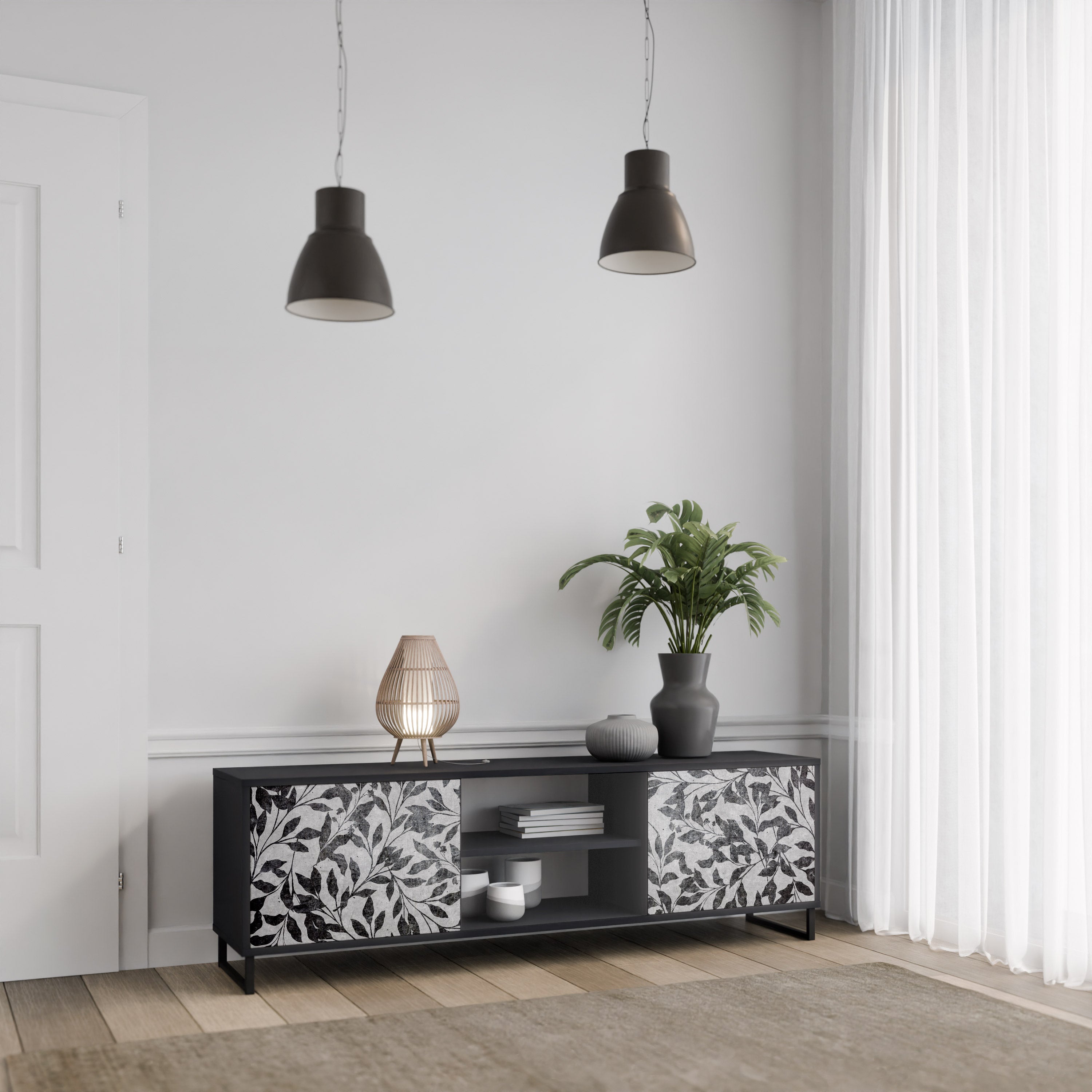 Βάση τηλεόρασης CHARCOAL SPROUT με 2 πόρτες σε μαύρο φινίρισμα