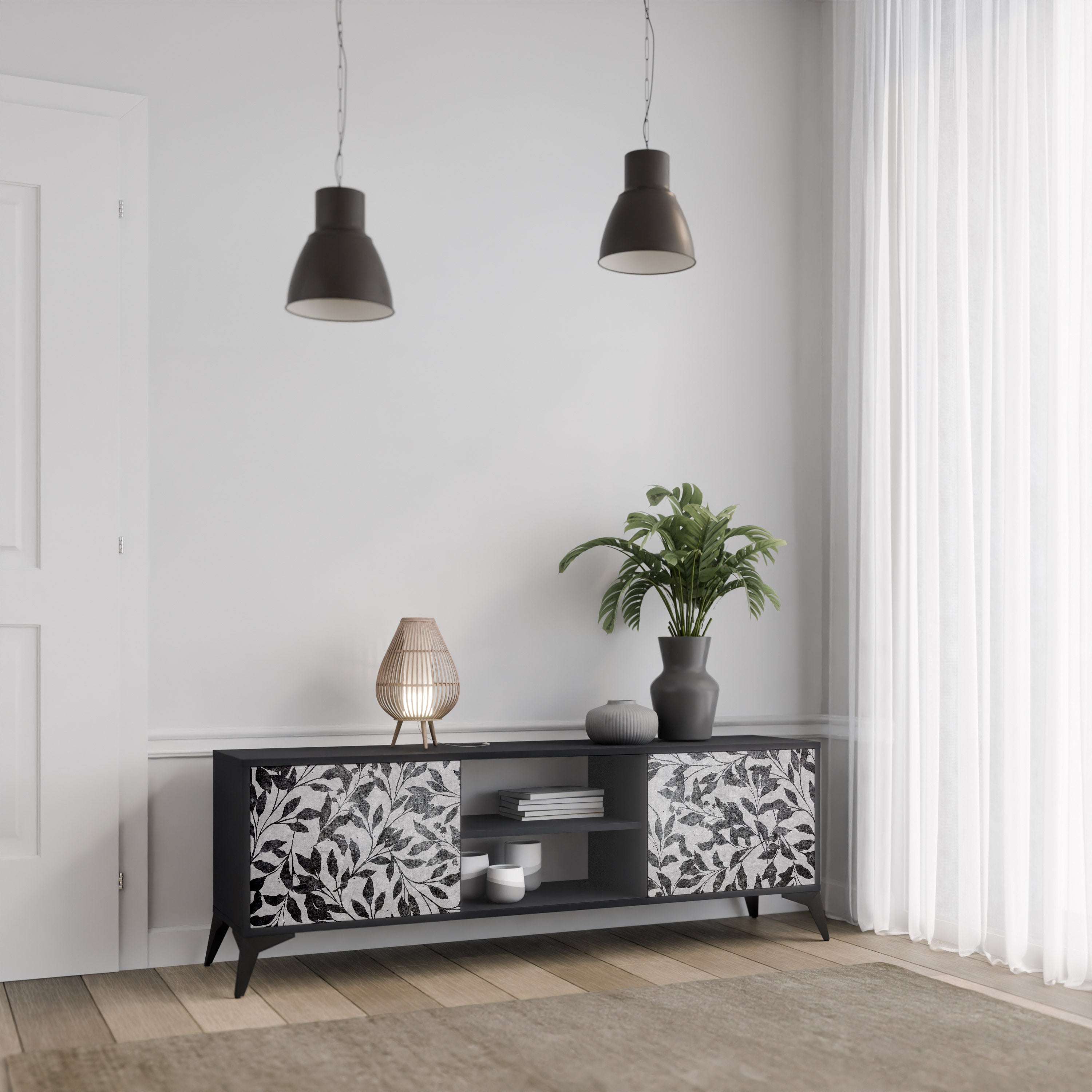 Βάση τηλεόρασης CHARCOAL SPROUT με 2 πόρτες σε μαύρο φινίρισμα