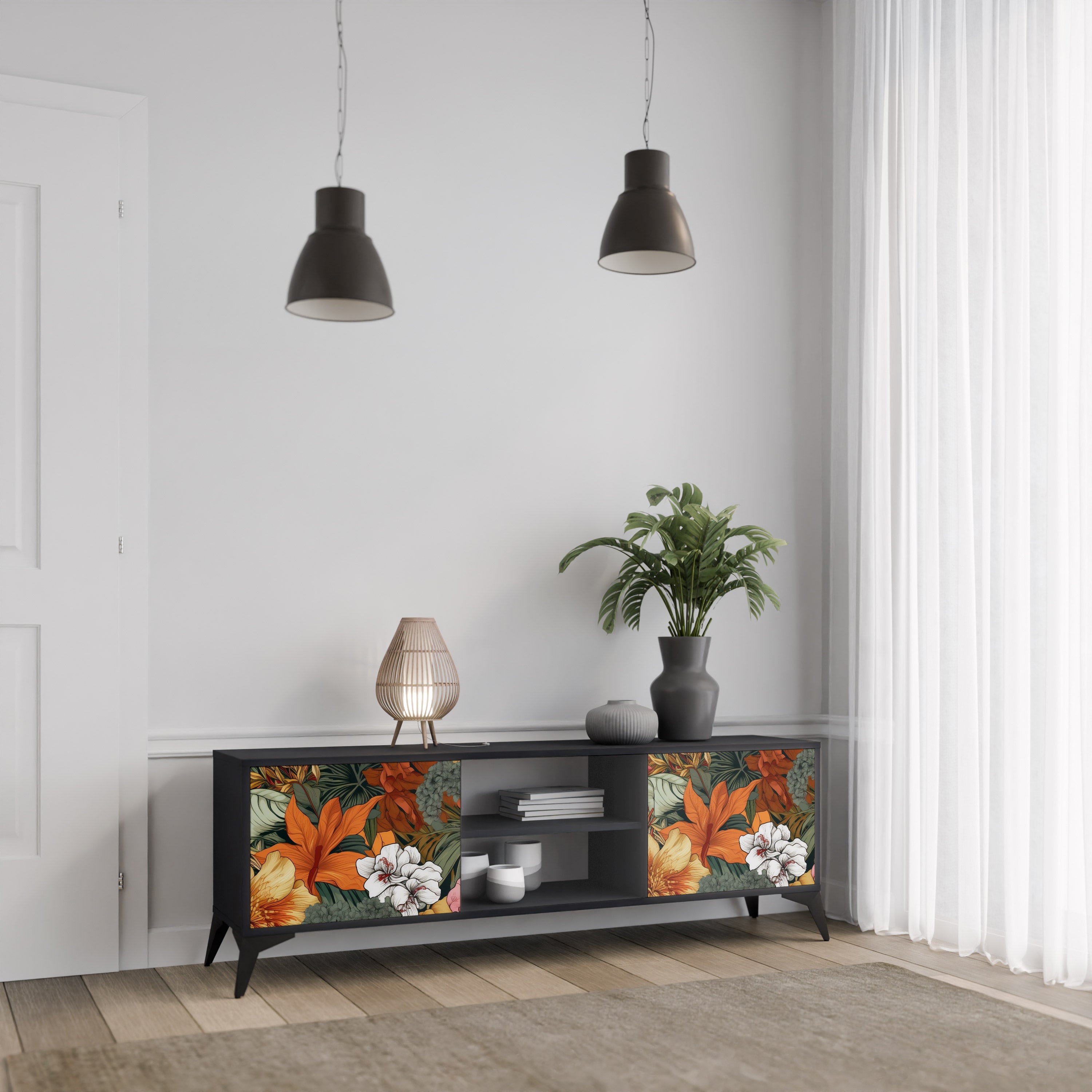 Βάση τηλεόρασης RADIANT FLORA 2 πορτών σε μαύρο φινίρισμα