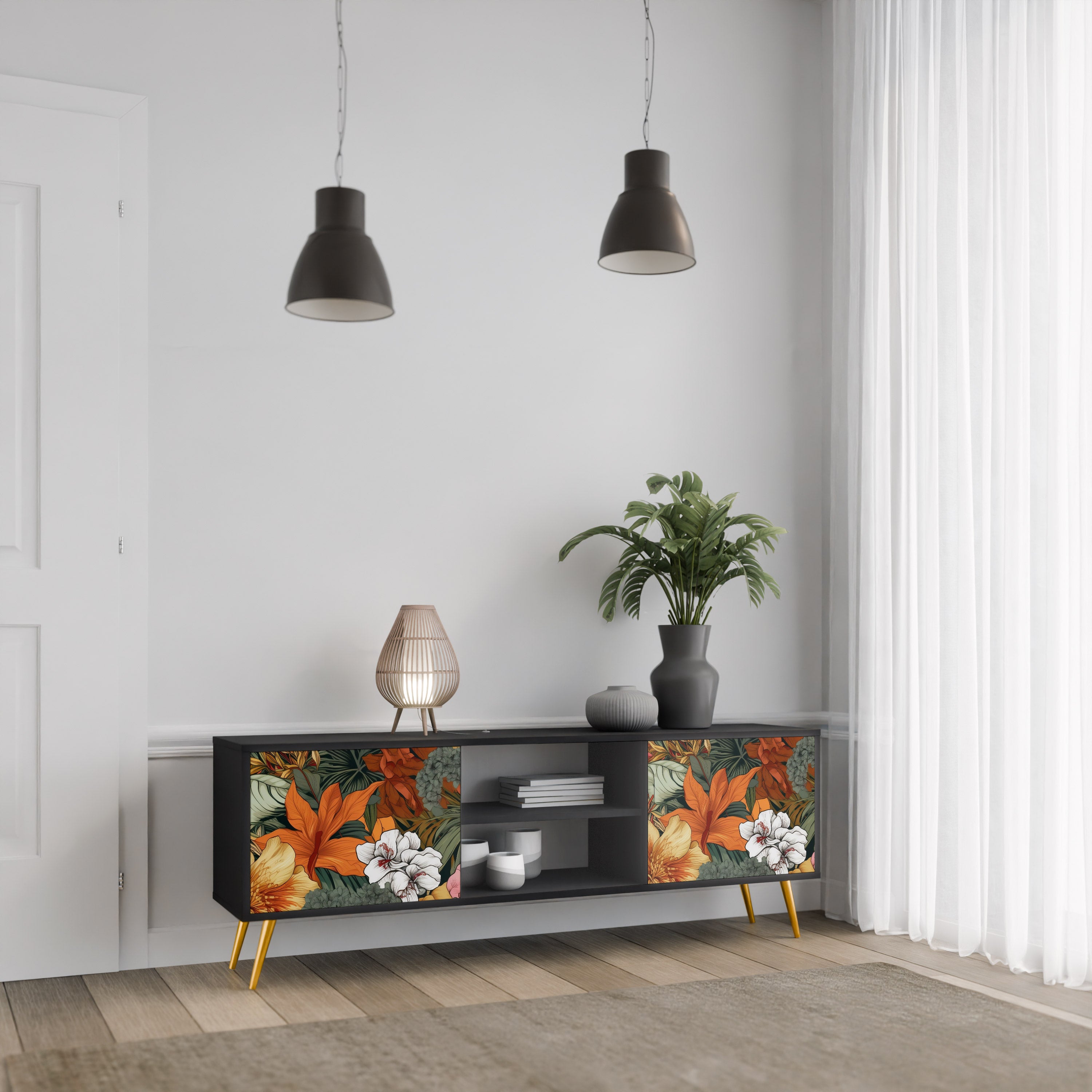 Βάση τηλεόρασης RADIANT FLORA 2 πορτών σε μαύρο φινίρισμα
