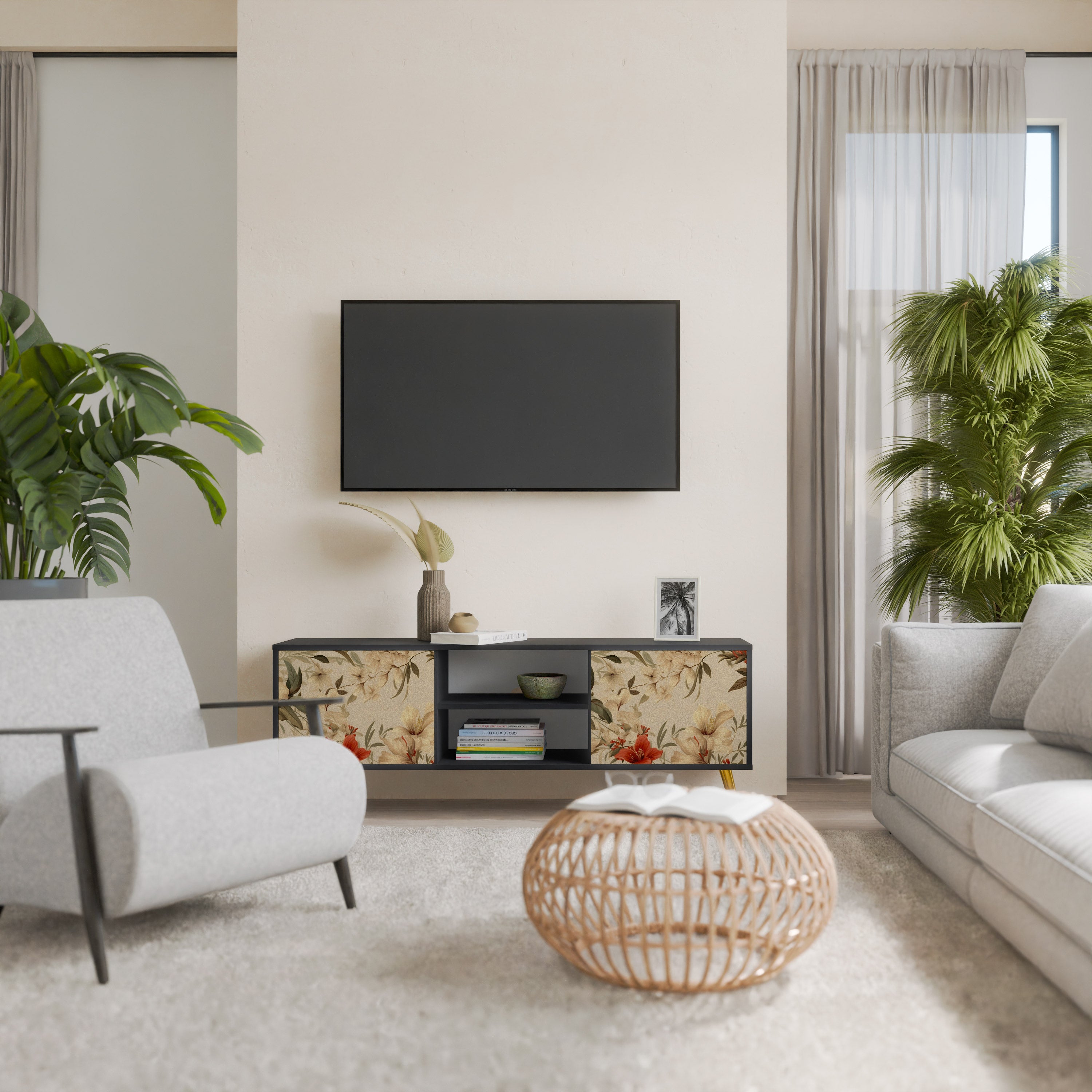 Βάση τηλεόρασης BLOOMING HARMONY 2 πορτών σε μαύρο φινίρισμα