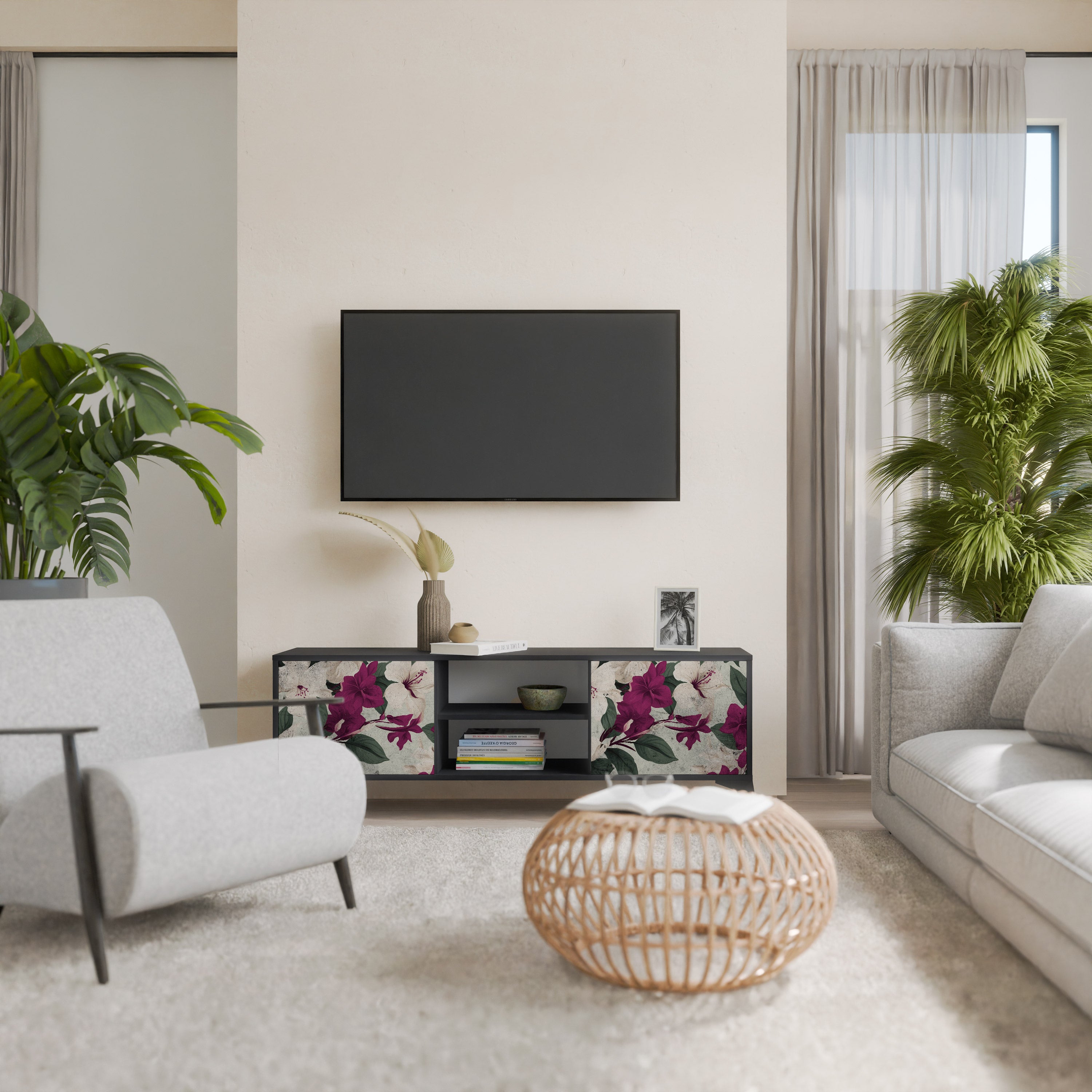 Βάση τηλεόρασης FLOWERET DREAM με 2 πόρτες σε μαύρο φινίρισμα