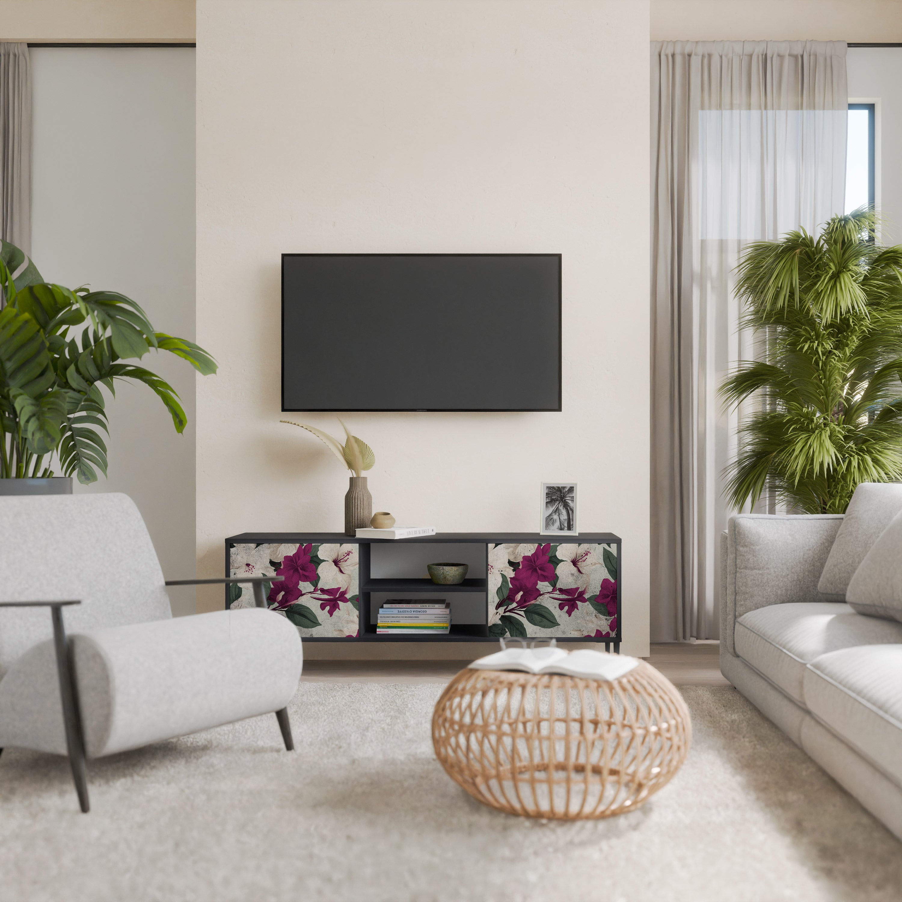 Βάση τηλεόρασης FLOWERET DREAM με 2 πόρτες σε μαύρο φινίρισμα