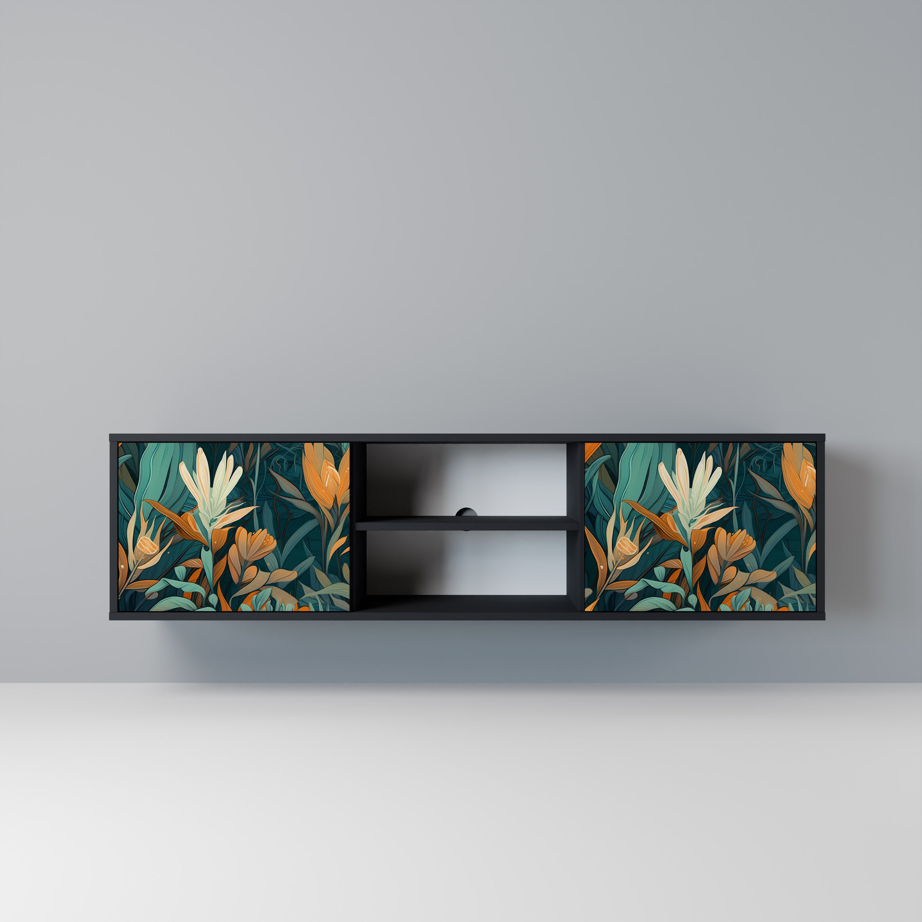 Βάση τηλεόρασης FLORAL SERENITY με 2 πόρτες σε μαύρο φινίρισμα