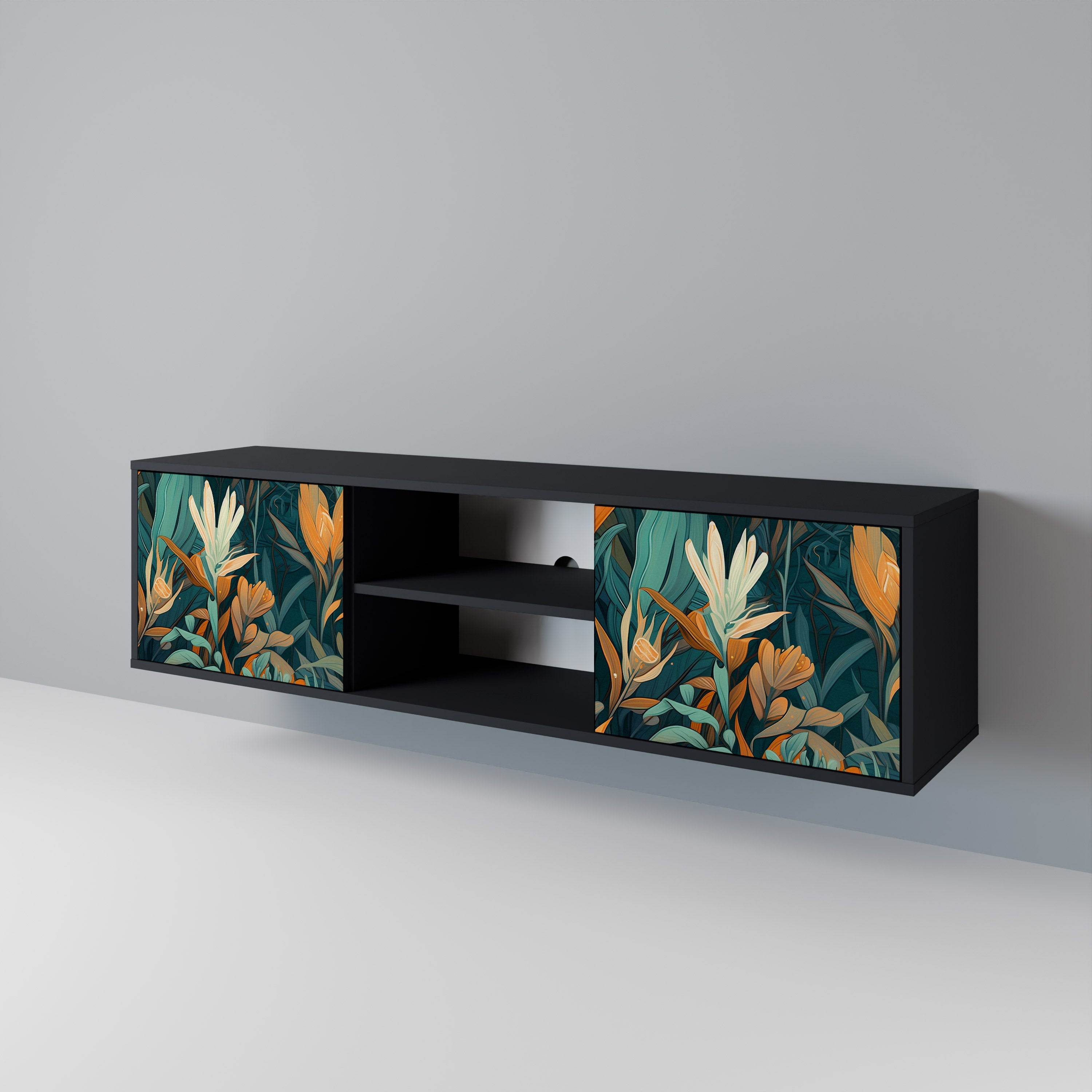 Βάση τηλεόρασης FLORAL SERENITY με 2 πόρτες σε μαύρο φινίρισμα