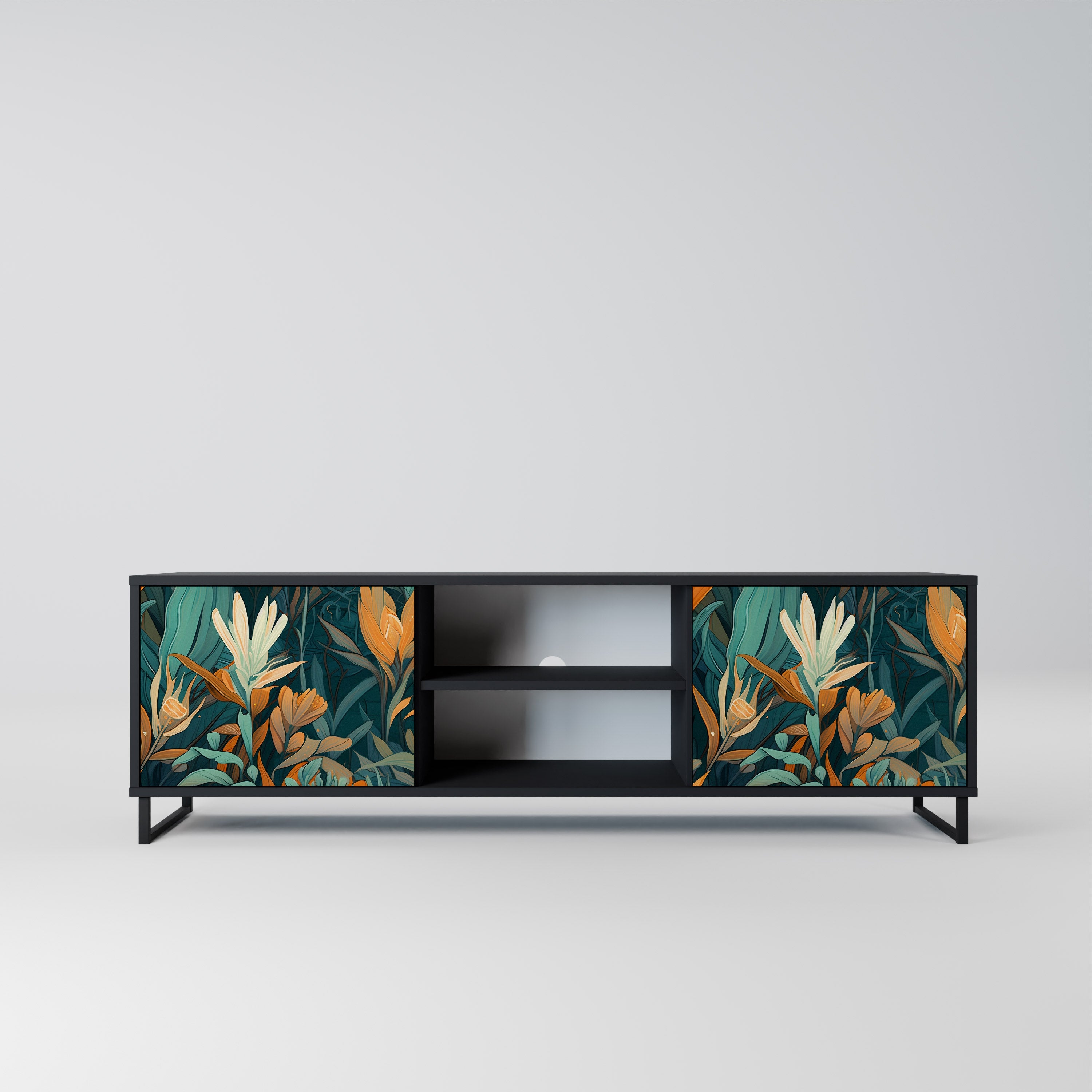 Βάση τηλεόρασης FLORAL SERENITY με 2 πόρτες σε μαύρο φινίρισμα