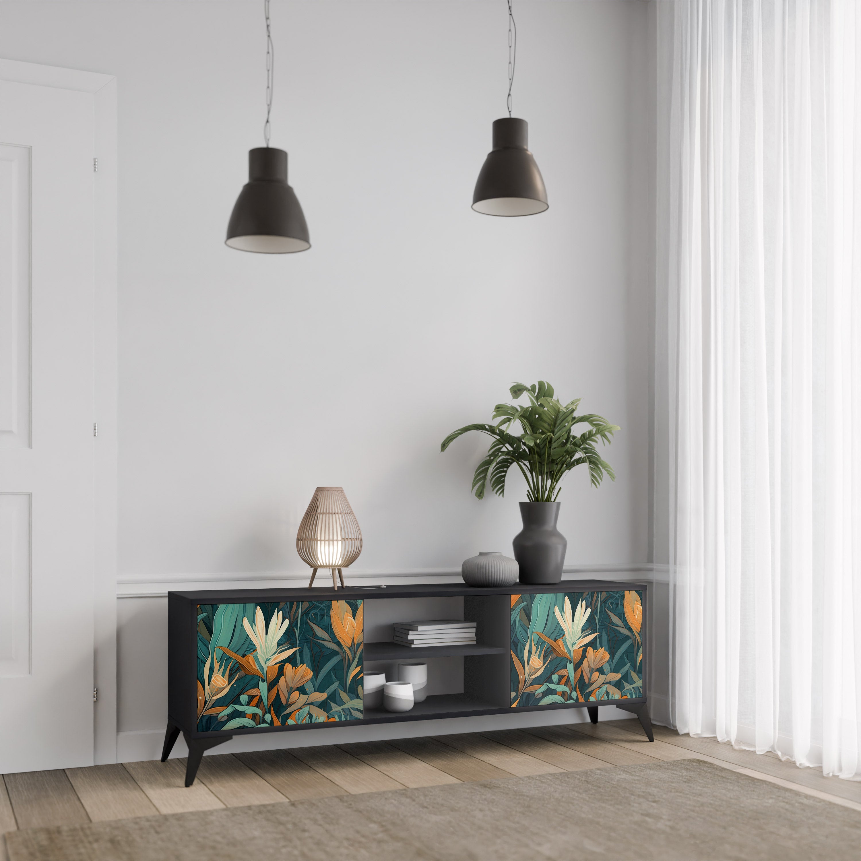 Βάση τηλεόρασης FLORAL SERENITY με 2 πόρτες σε μαύρο φινίρισμα
