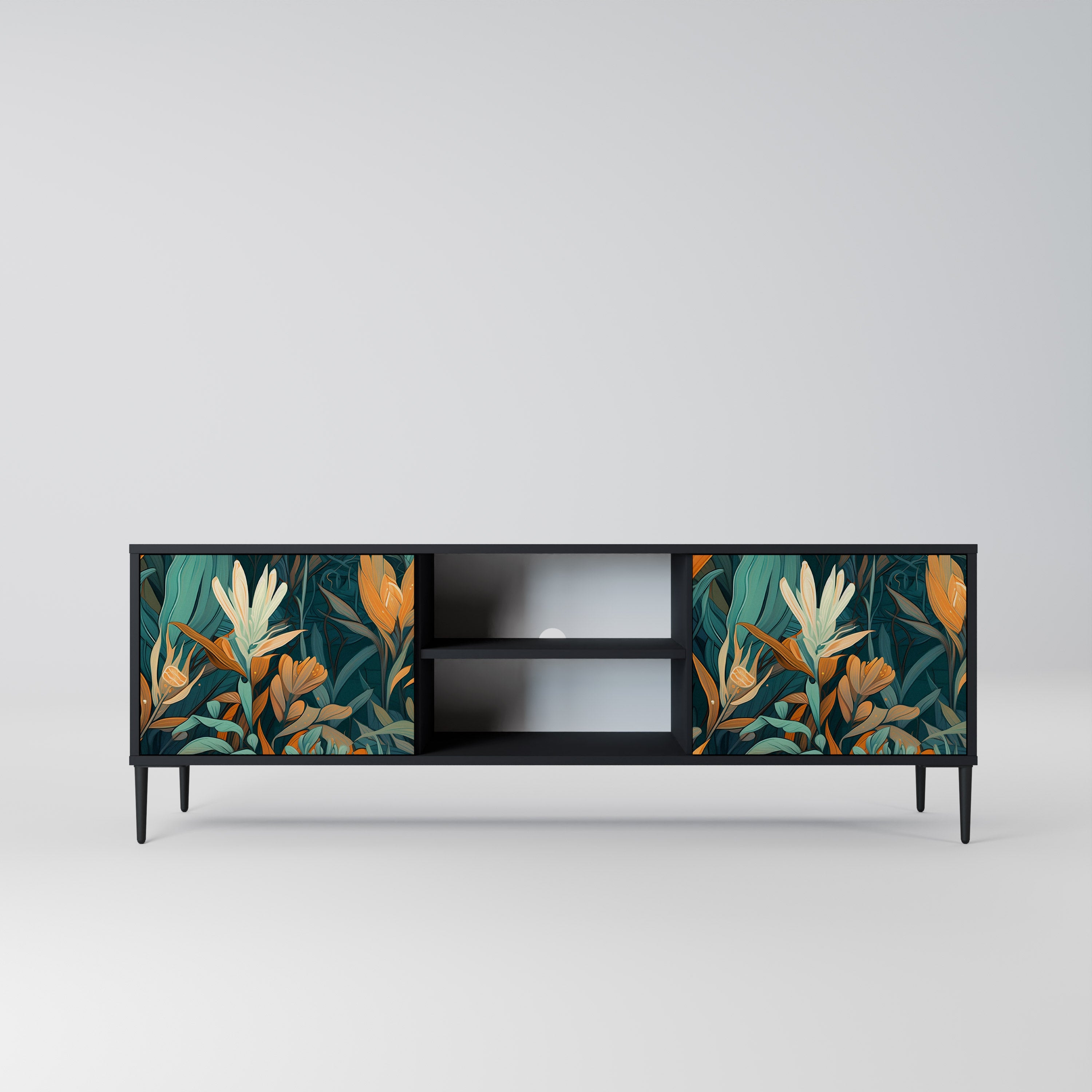 Βάση τηλεόρασης FLORAL SERENITY με 2 πόρτες σε μαύρο φινίρισμα