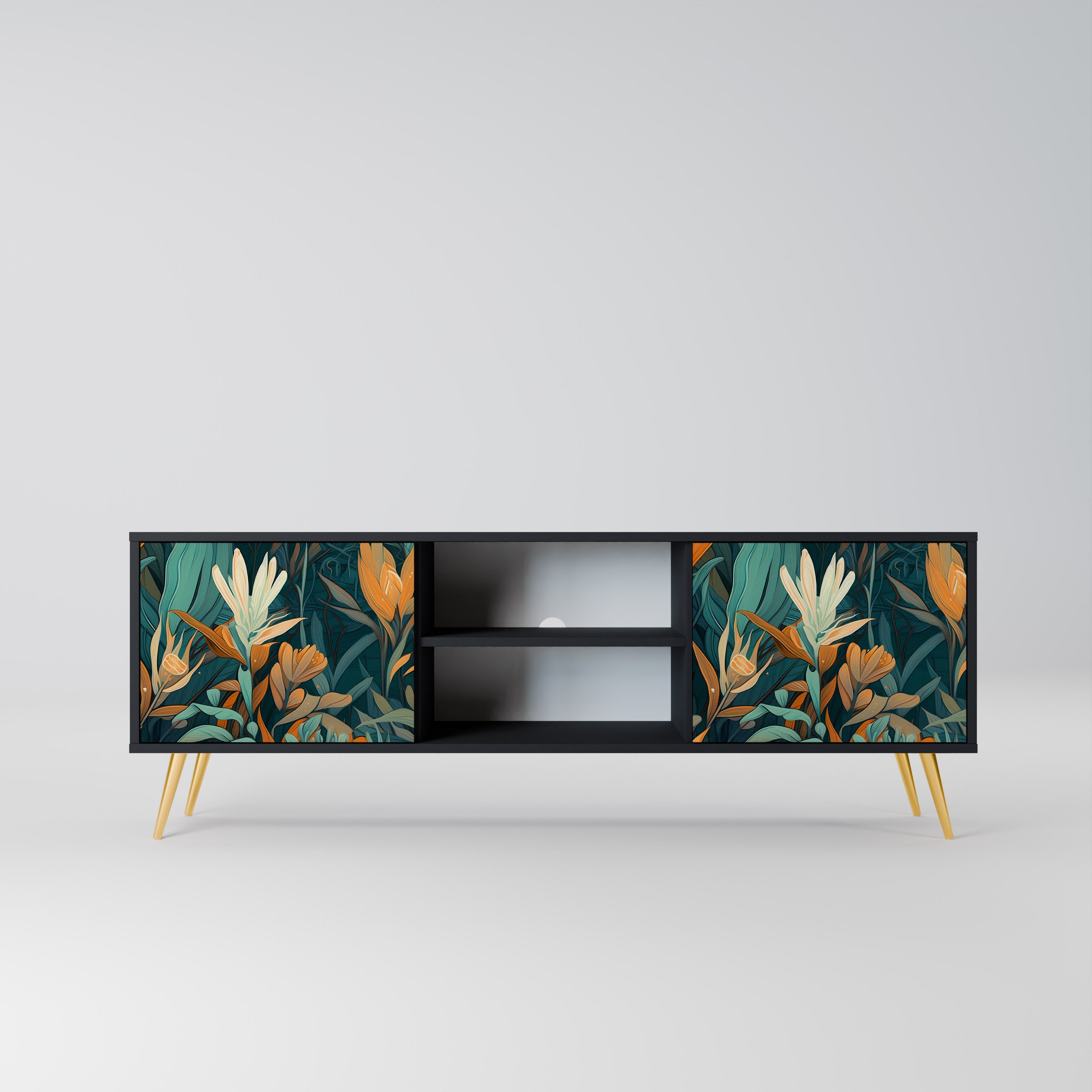Βάση τηλεόρασης FLORAL SERENITY με 2 πόρτες σε μαύρο φινίρισμα