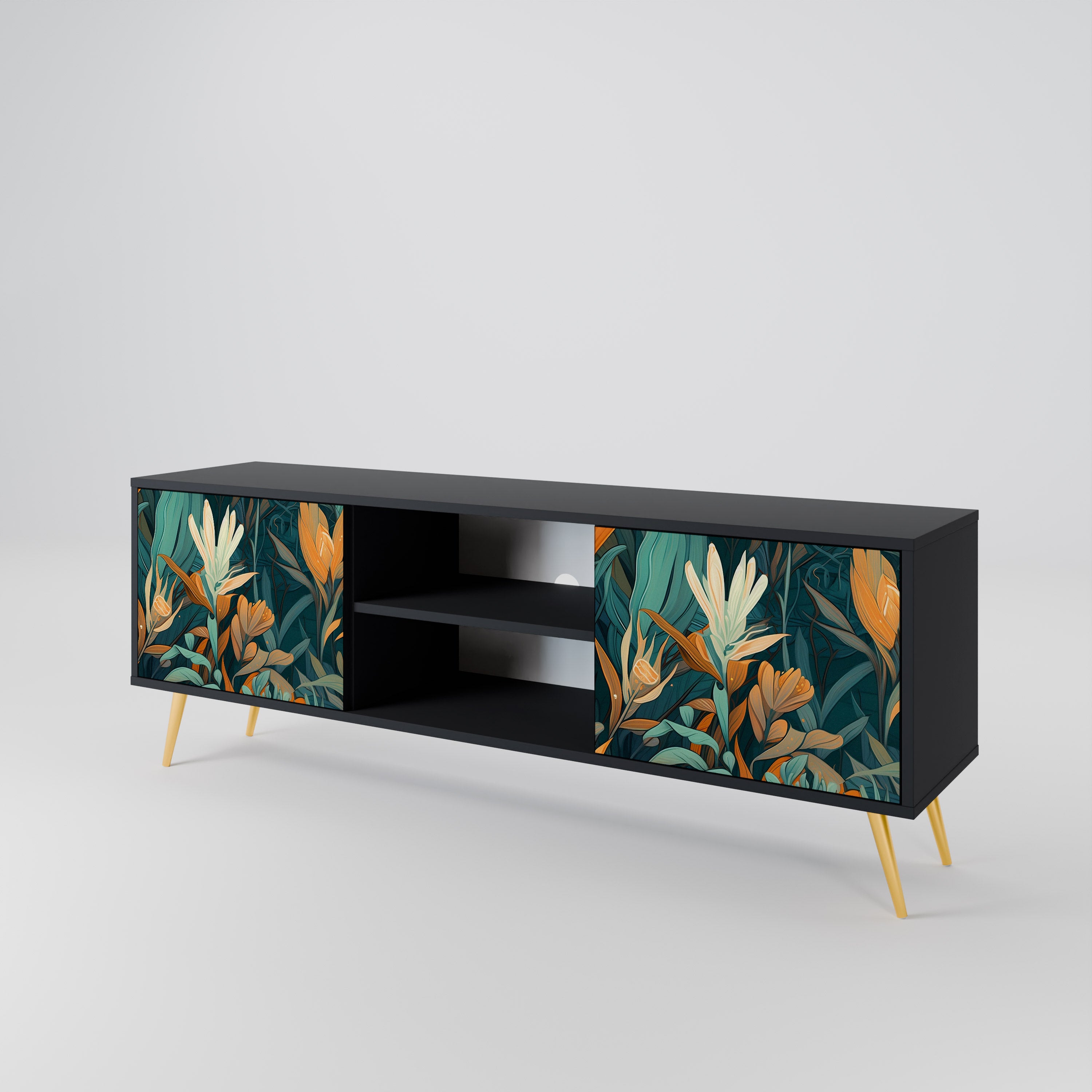 Βάση τηλεόρασης FLORAL SERENITY με 2 πόρτες σε μαύρο φινίρισμα