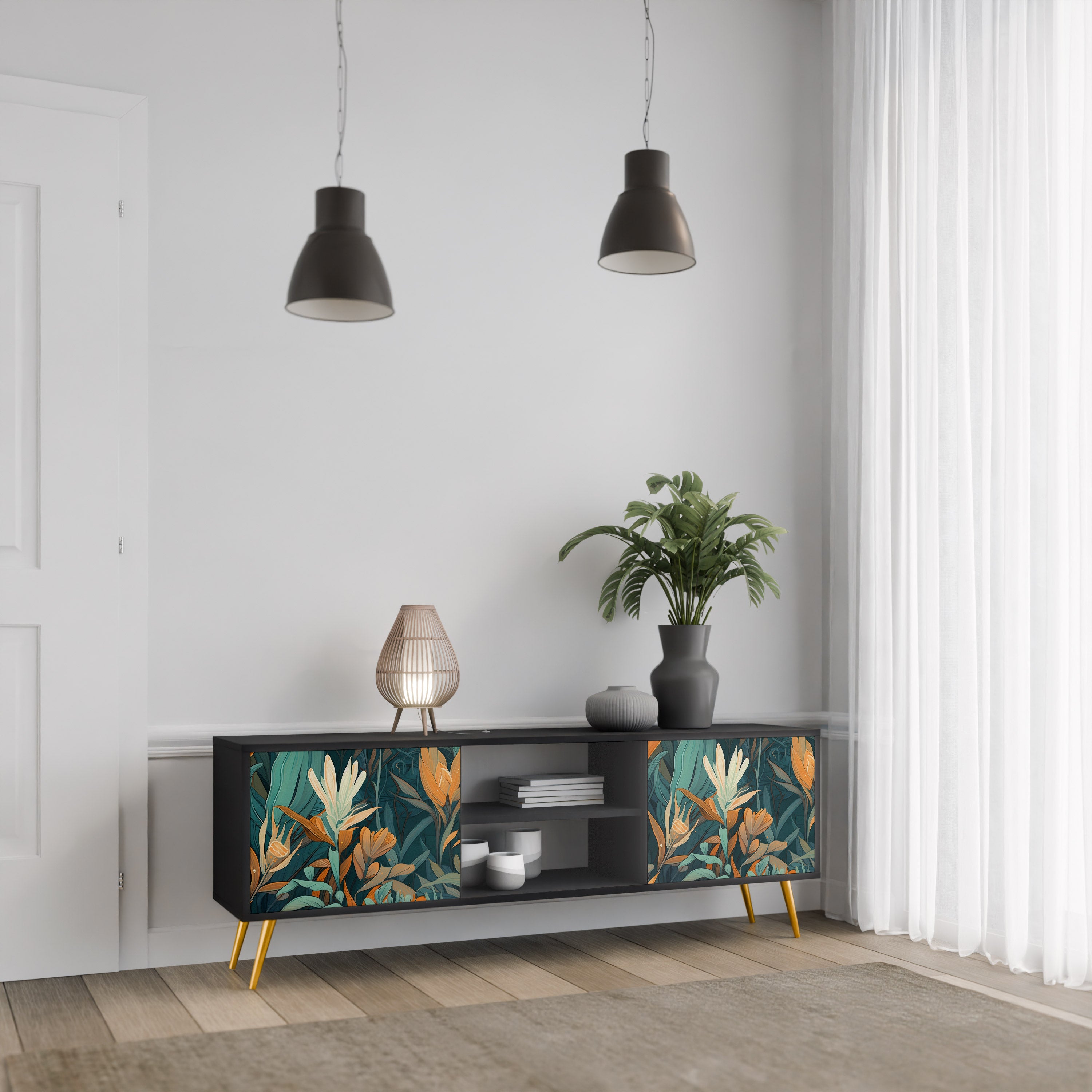 Βάση τηλεόρασης FLORAL SERENITY με 2 πόρτες σε μαύρο φινίρισμα