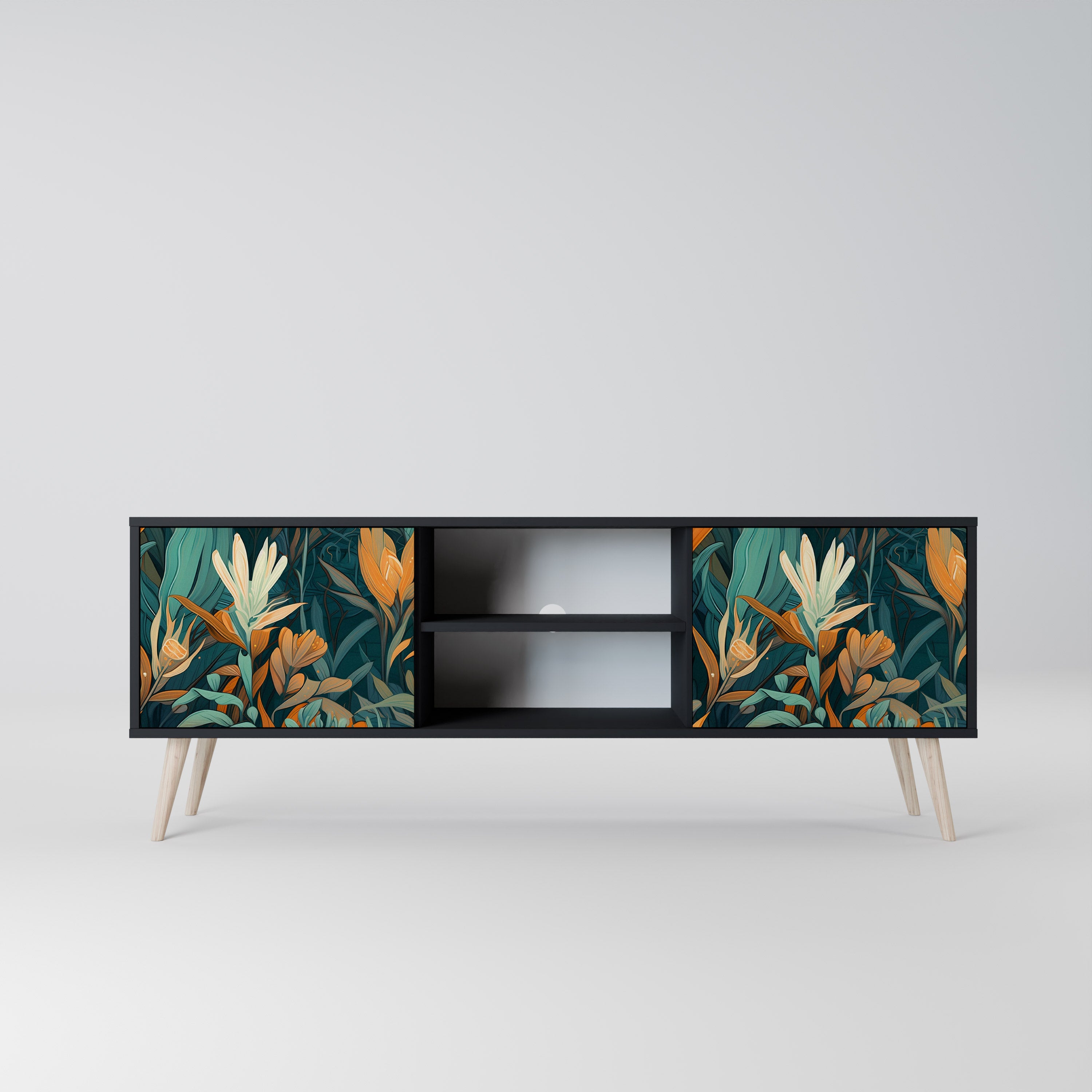 Βάση τηλεόρασης FLORAL SERENITY με 2 πόρτες σε μαύρο φινίρισμα