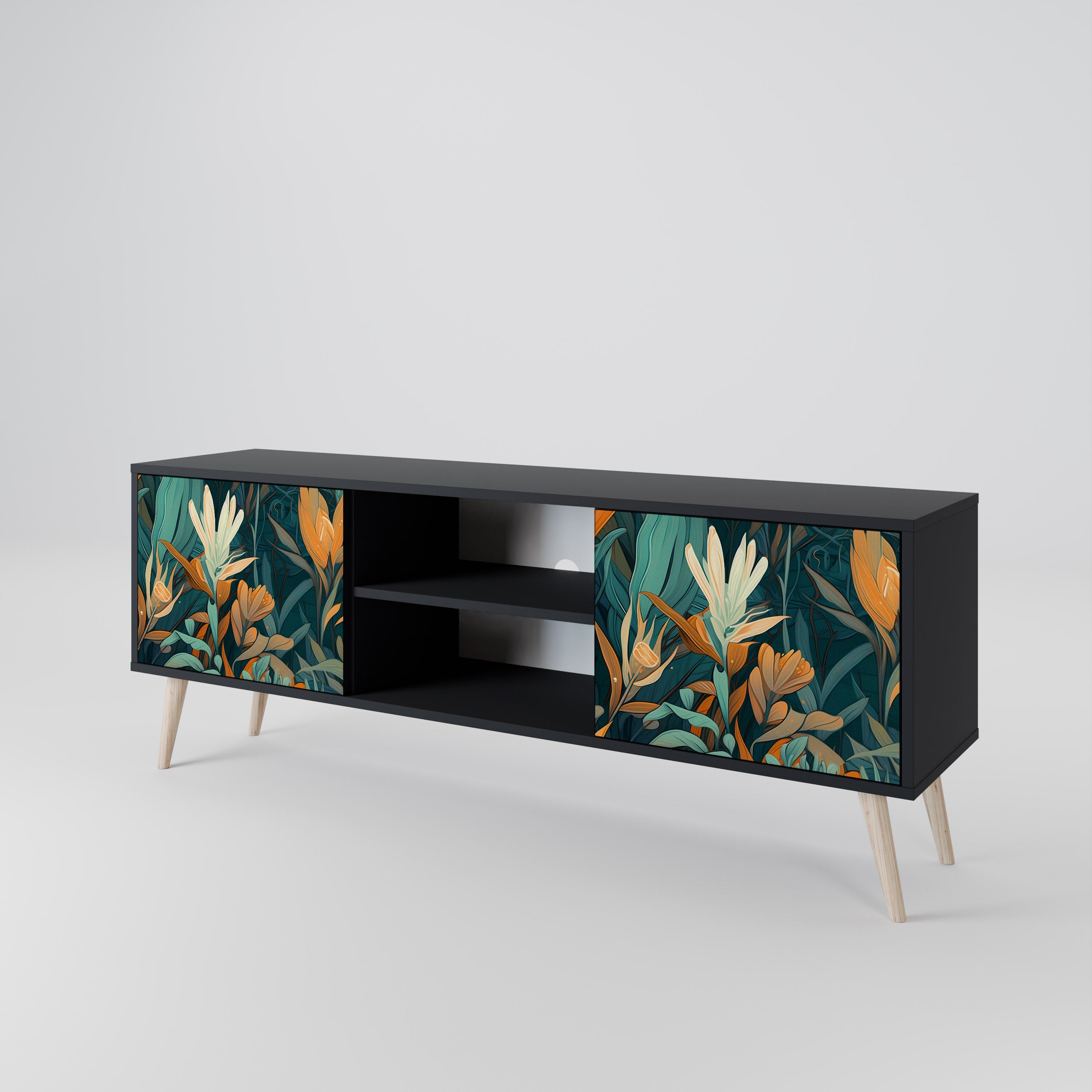Βάση τηλεόρασης FLORAL SERENITY με 2 πόρτες σε μαύρο φινίρισμα