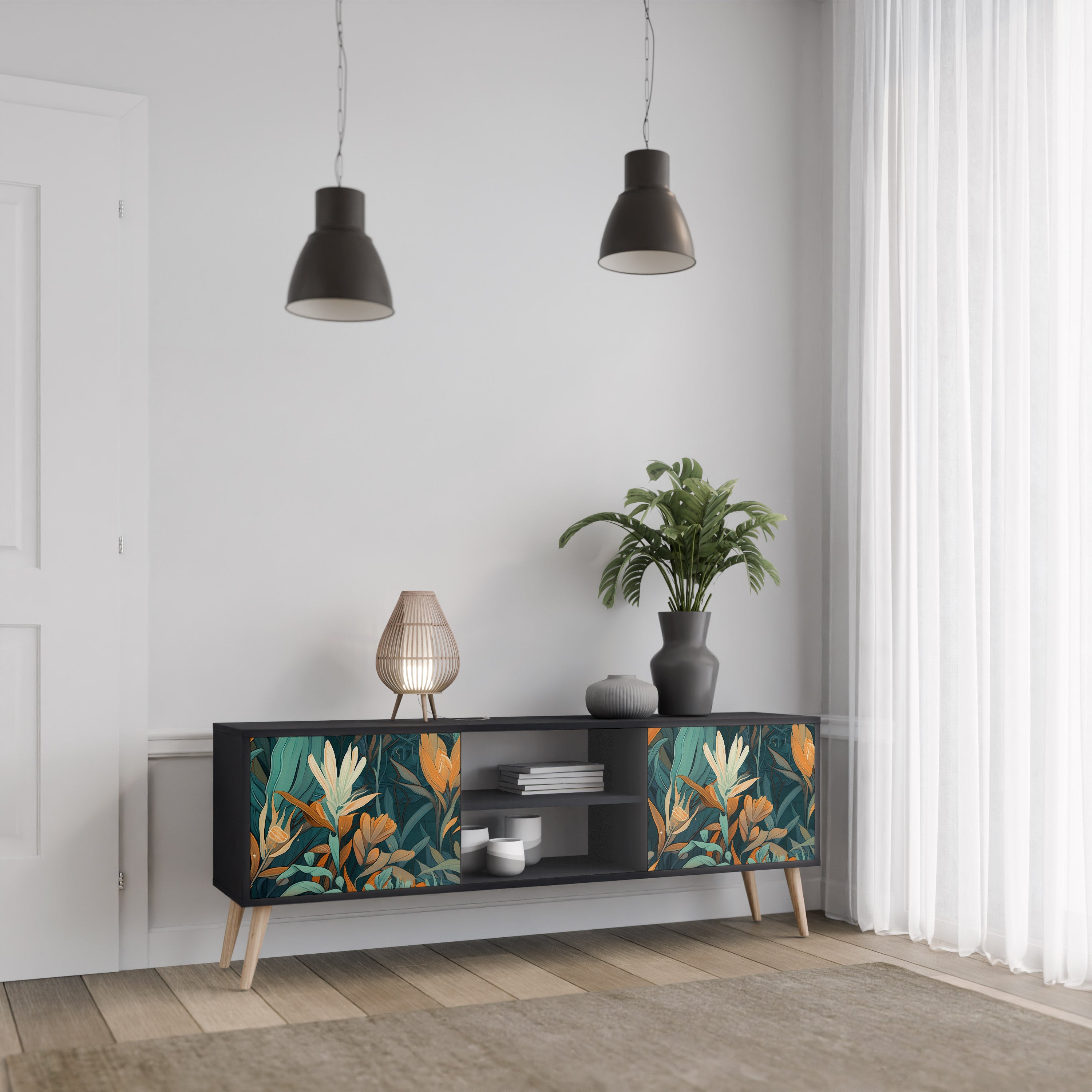 Βάση τηλεόρασης FLORAL SERENITY με 2 πόρτες σε μαύρο φινίρισμα