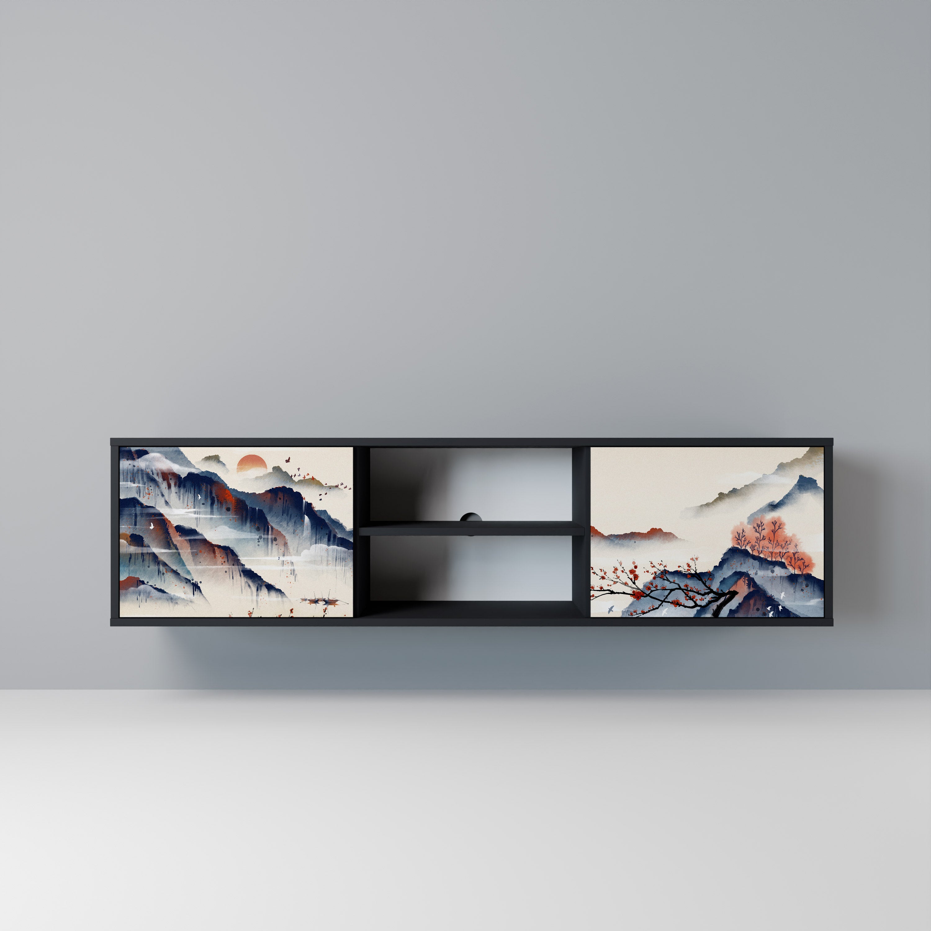 Βάση τηλεόρασης JAPANESE LANDSCAPE με 2 πόρτες σε μαύρο φινίρισμα