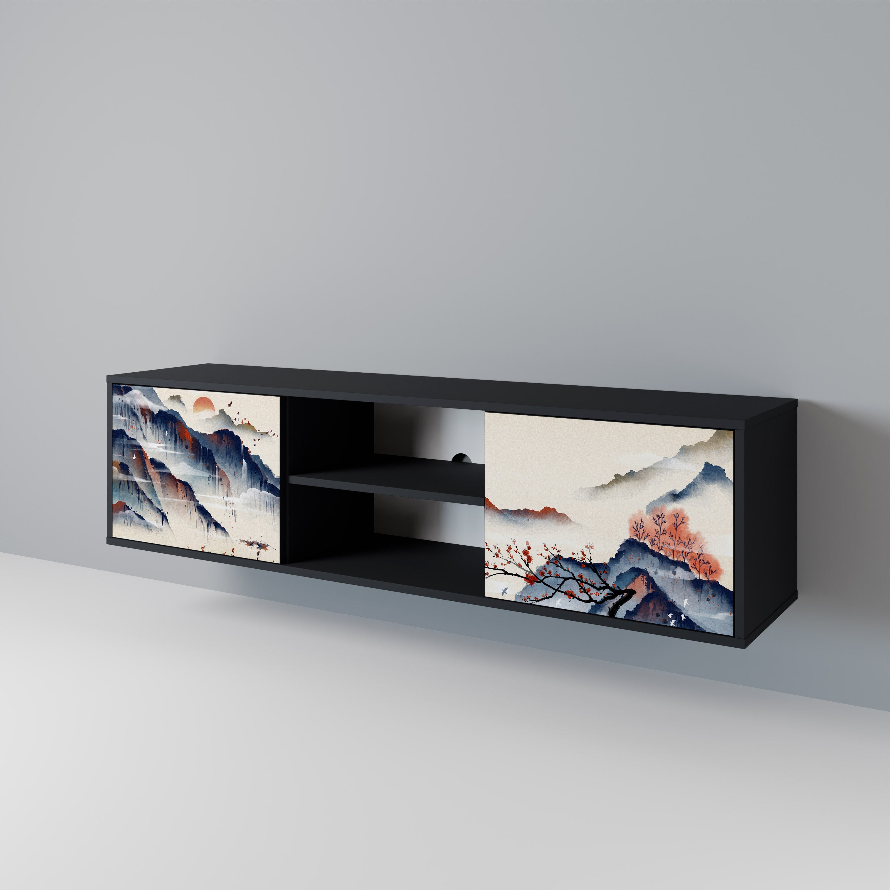 Βάση τηλεόρασης JAPANESE LANDSCAPE με 2 πόρτες σε μαύρο φινίρισμα