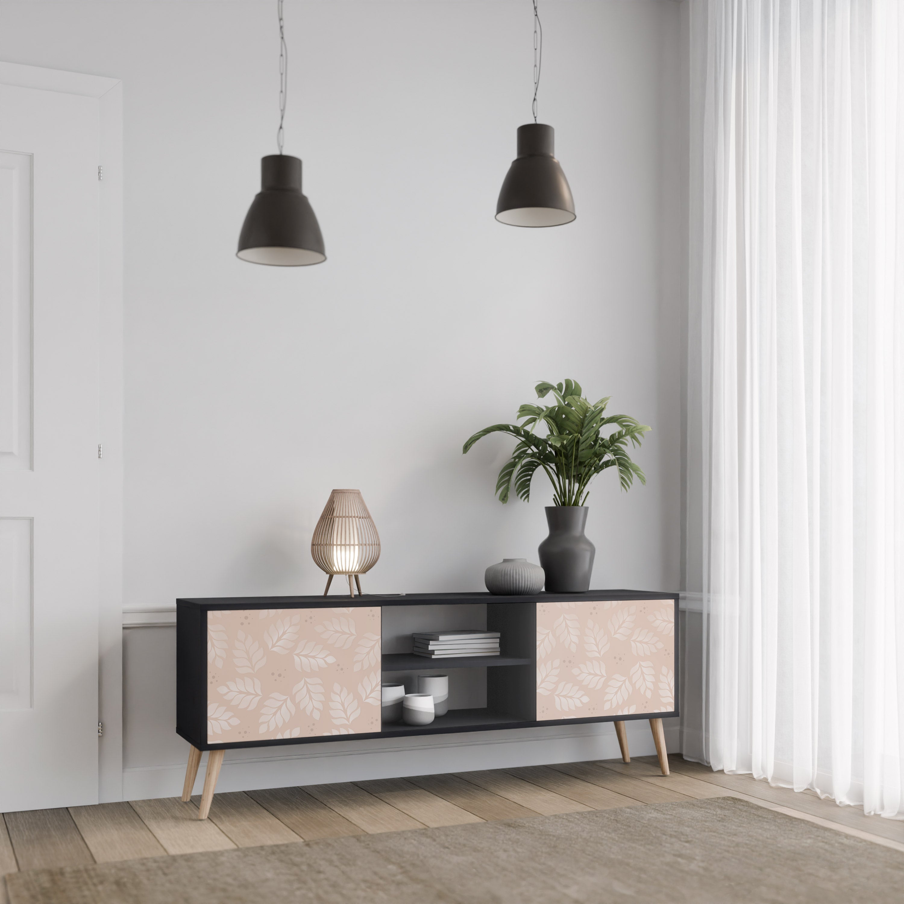 Βάση τηλεόρασης LEAVES ON BEIGE με 2 πόρτες σε μαύρο φινίρισμα