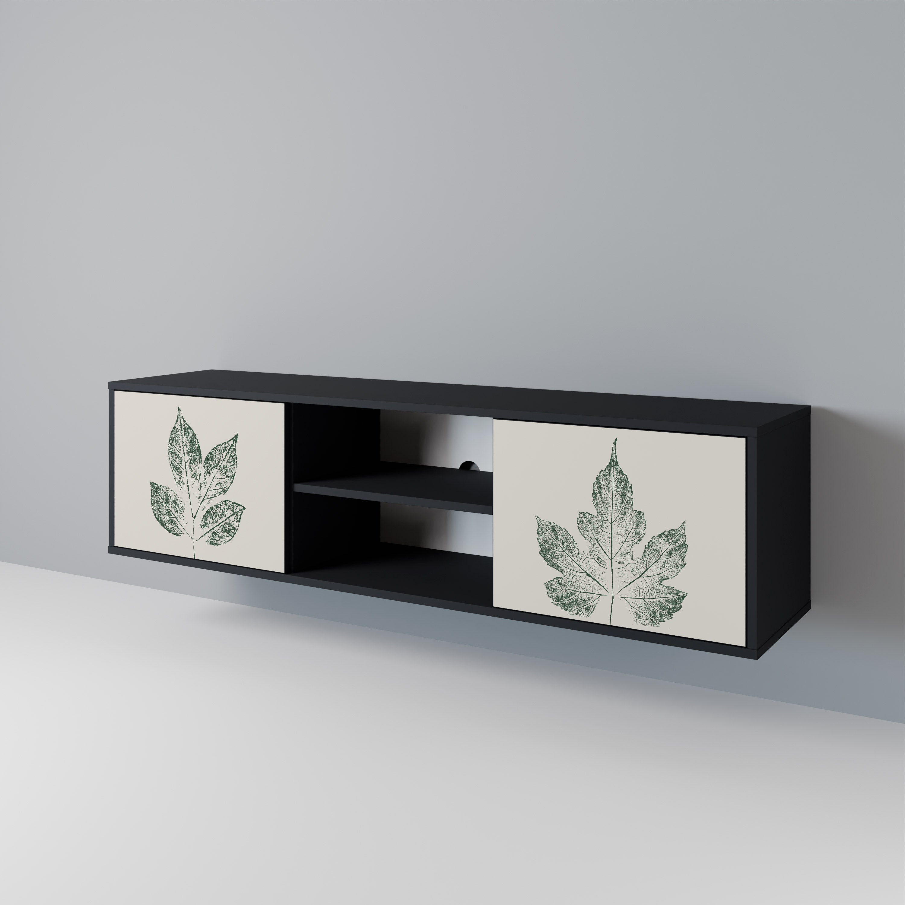 Βάση τηλεόρασης GREEN LEAFY STAMPS με 2 πόρτες σε μαύρο φινίρισμα