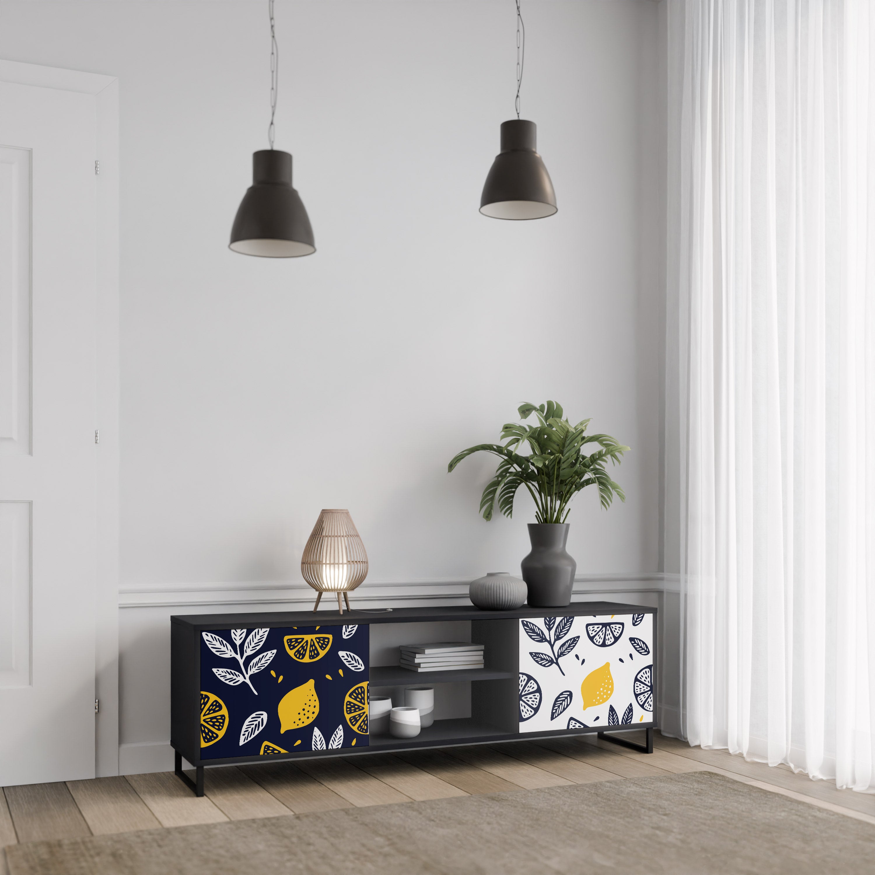 Βάση τηλεόρασης CITRUS BLACK AND WHITE με 2 πόρτες σε μαύρο φινίρισμα