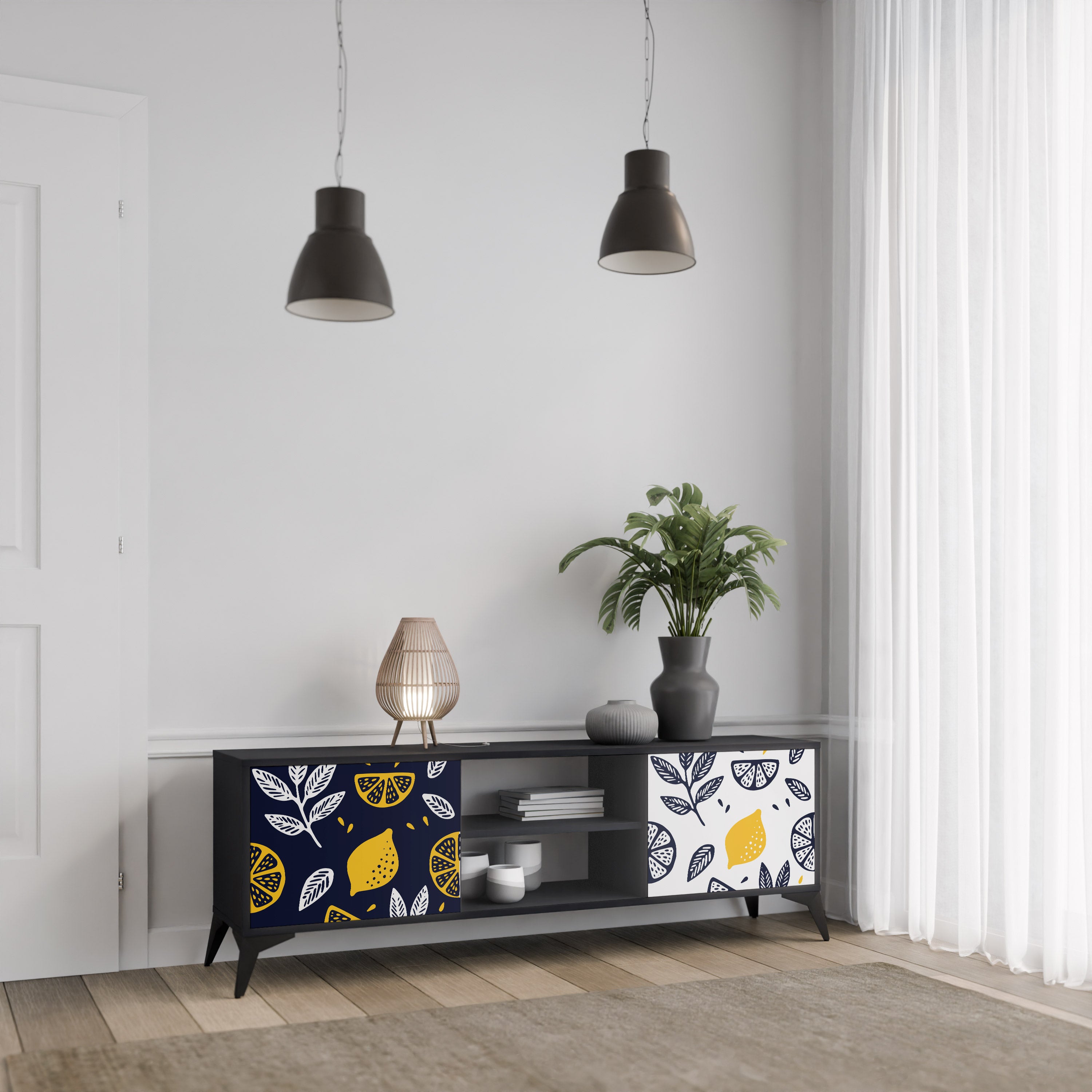 Βάση τηλεόρασης CITRUS BLACK AND WHITE με 2 πόρτες σε μαύρο φινίρισμα