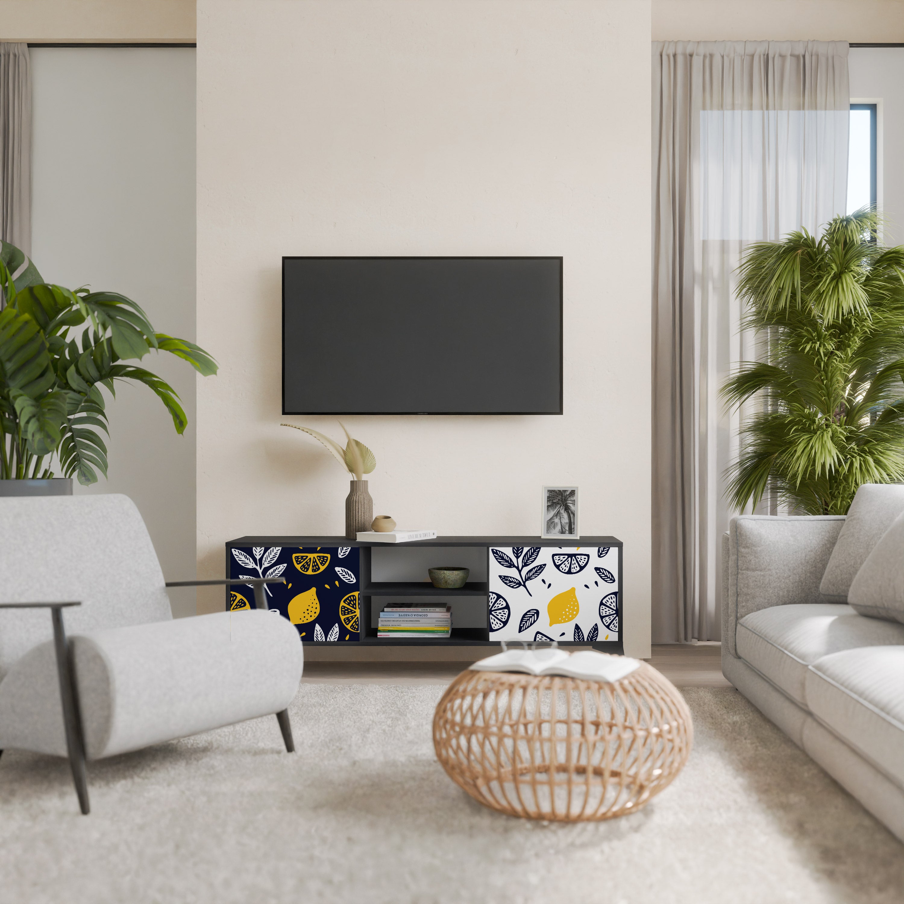 Βάση τηλεόρασης CITRUS BLACK AND WHITE με 2 πόρτες σε μαύρο φινίρισμα