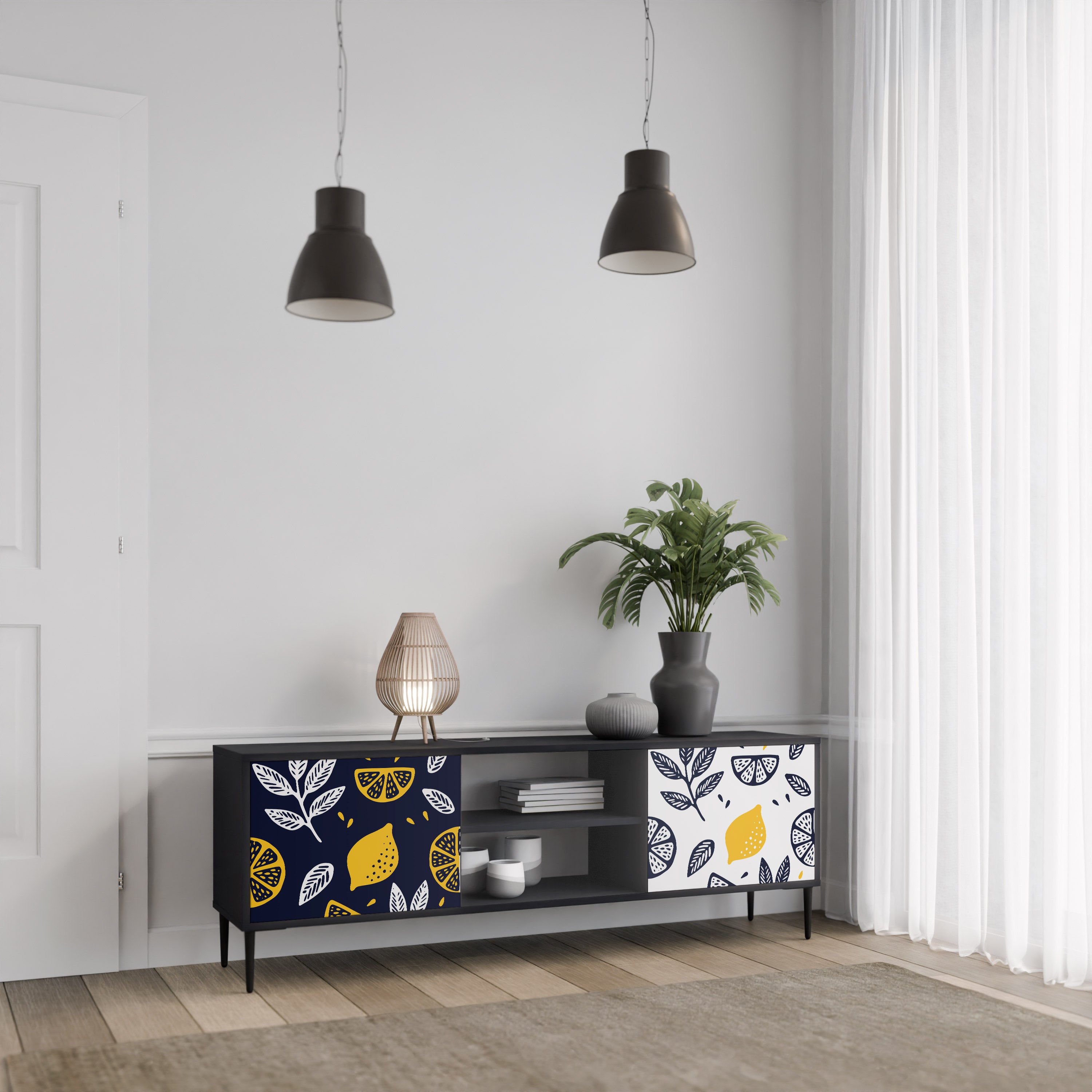 Βάση τηλεόρασης CITRUS BLACK AND WHITE με 2 πόρτες σε μαύρο φινίρισμα