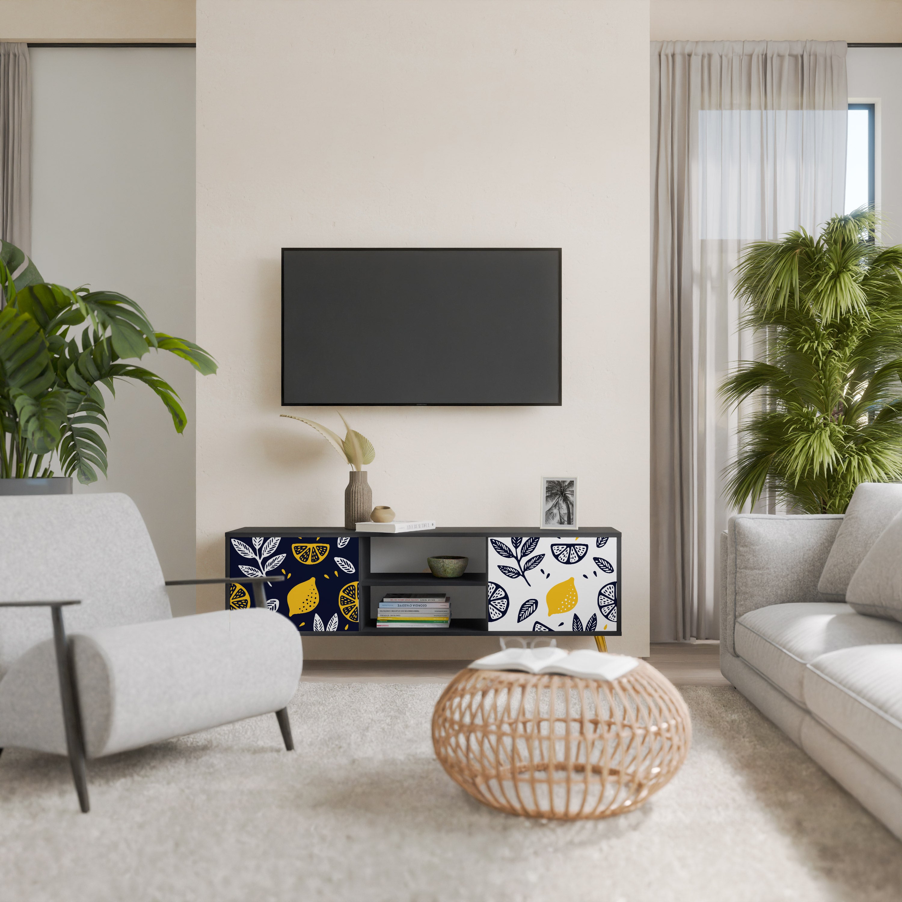 Βάση τηλεόρασης CITRUS BLACK AND WHITE με 2 πόρτες σε μαύρο φινίρισμα