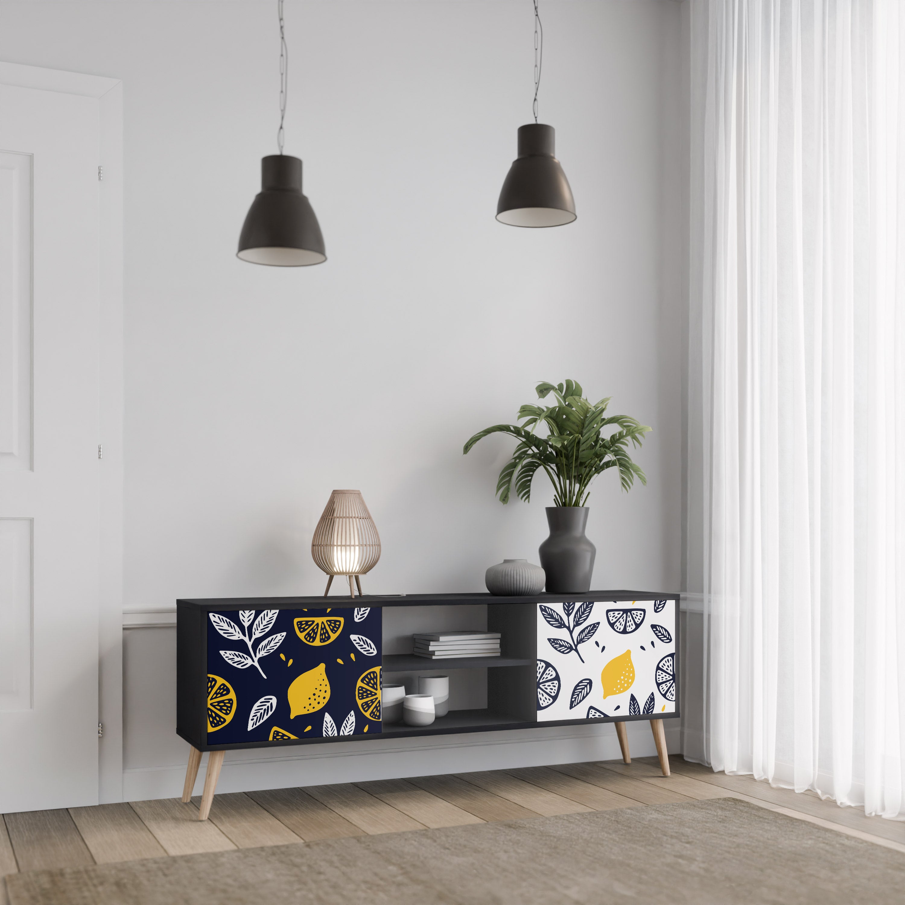 Βάση τηλεόρασης CITRUS BLACK AND WHITE με 2 πόρτες σε μαύρο φινίρισμα