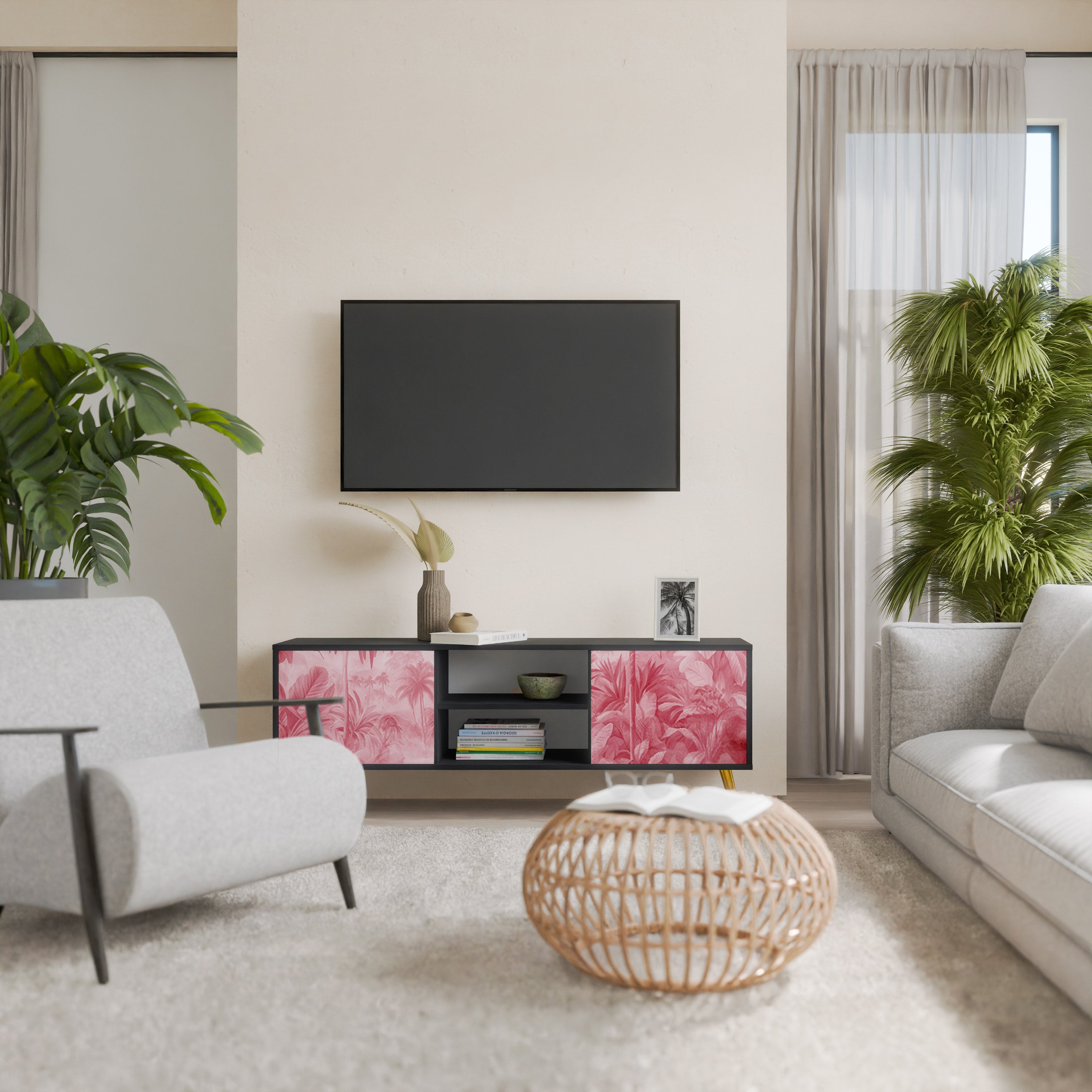 Βάση τηλεόρασης SWEET TROPICS με 2 πόρτες σε μαύρο φινίρισμα