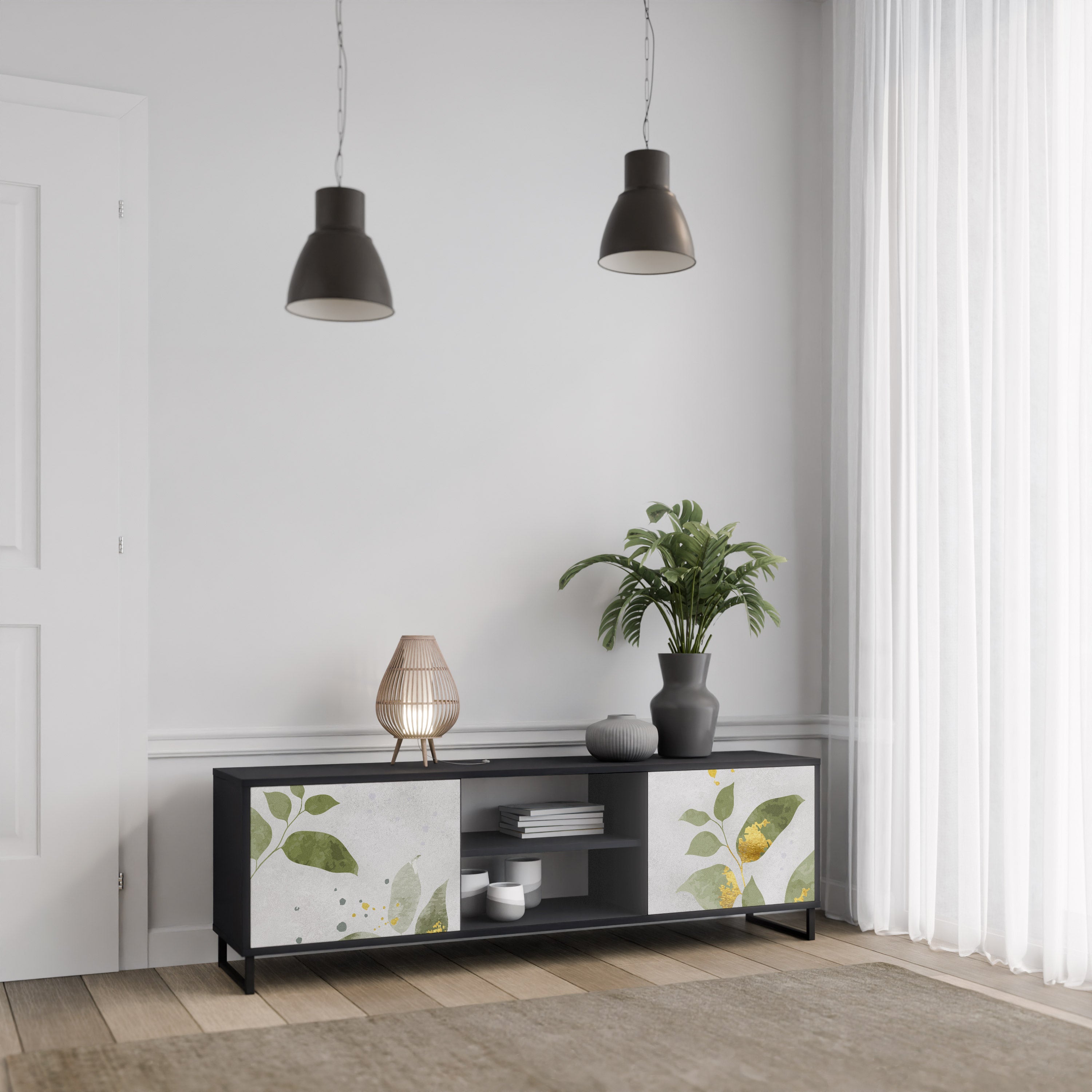 ELEGANT BOTANICS Δίπορτη βάση τηλεόρασης σε μαύρο φινίρισμα