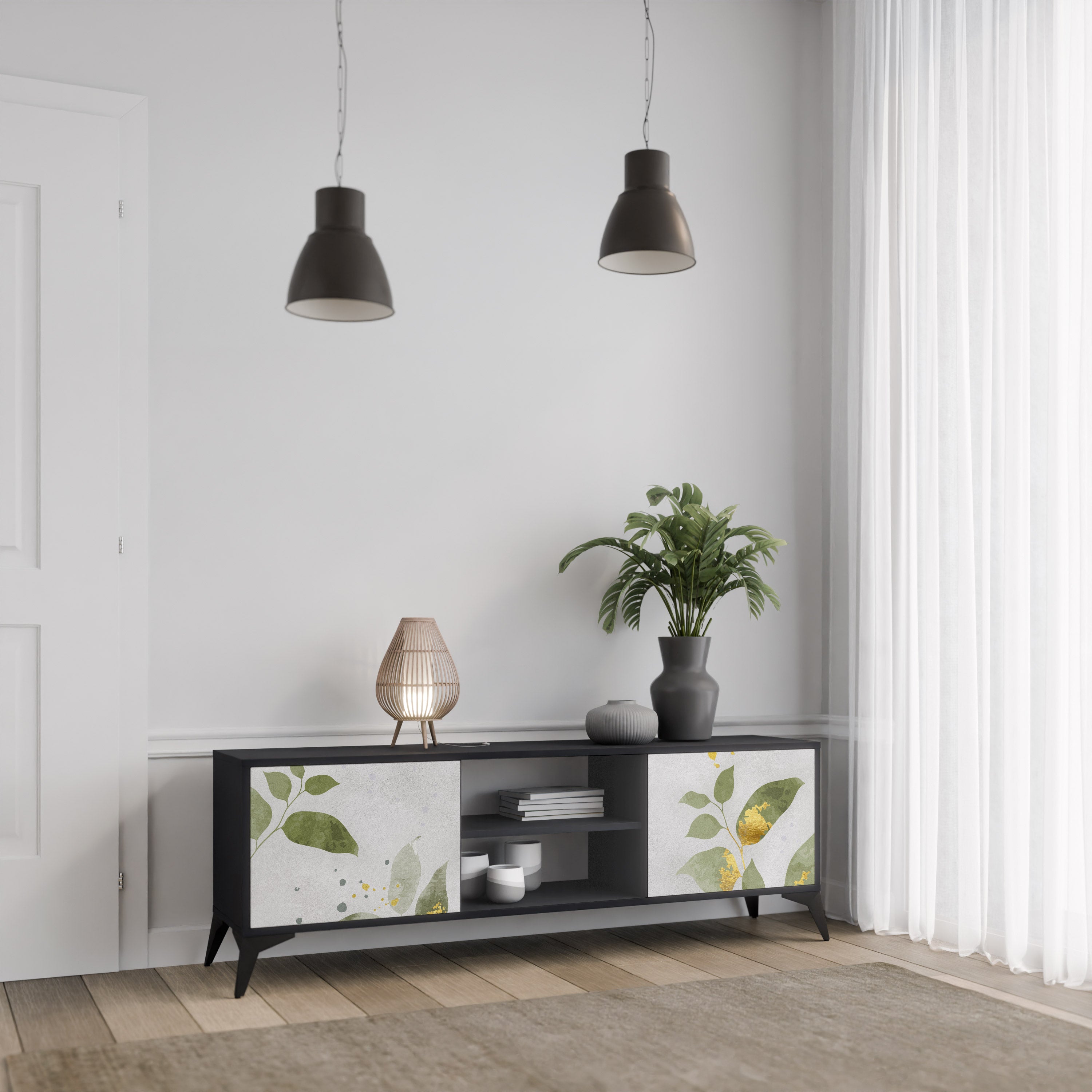 ELEGANT BOTANICS Δίπορτη βάση τηλεόρασης σε μαύρο φινίρισμα