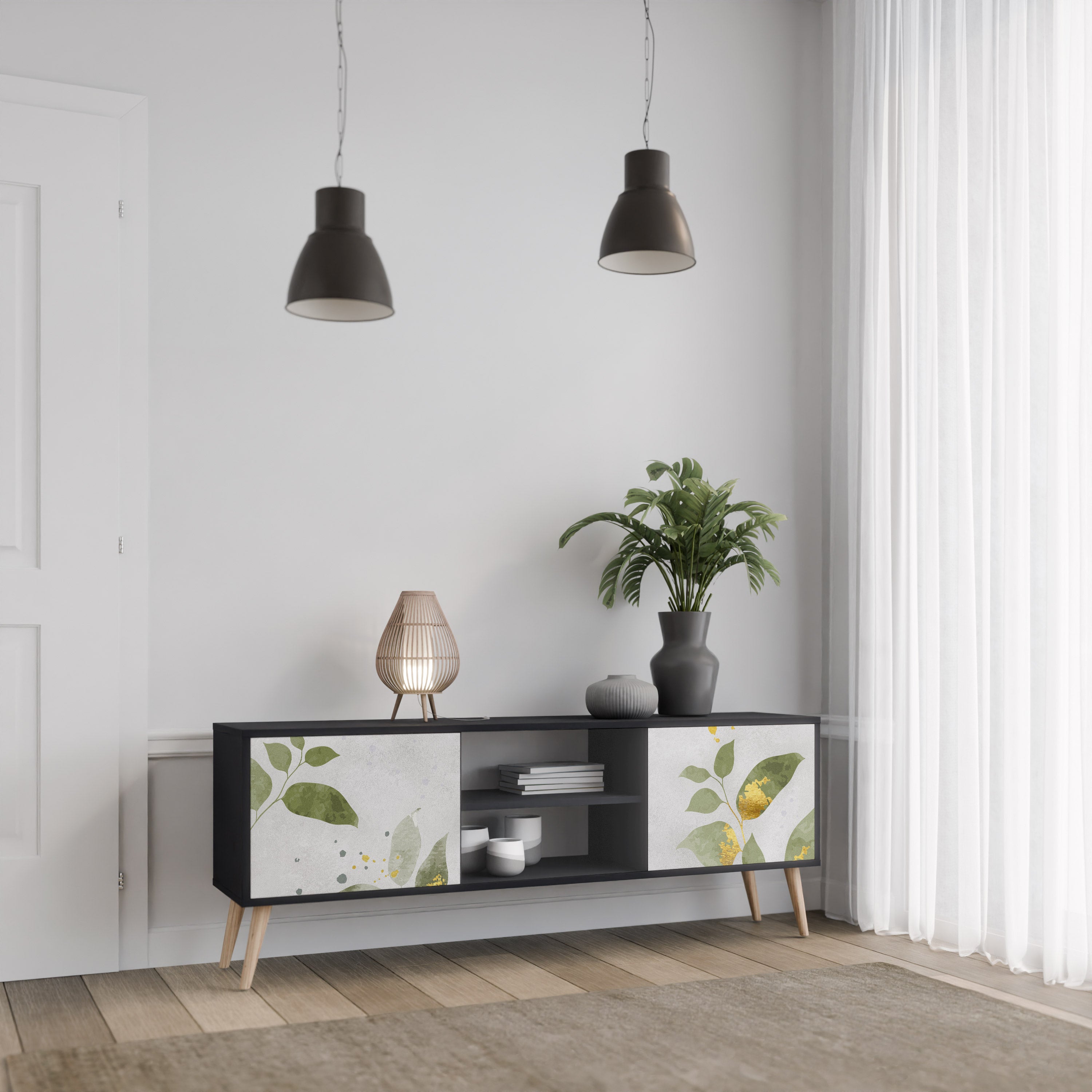 ELEGANT BOTANICS Δίπορτη βάση τηλεόρασης σε μαύρο φινίρισμα