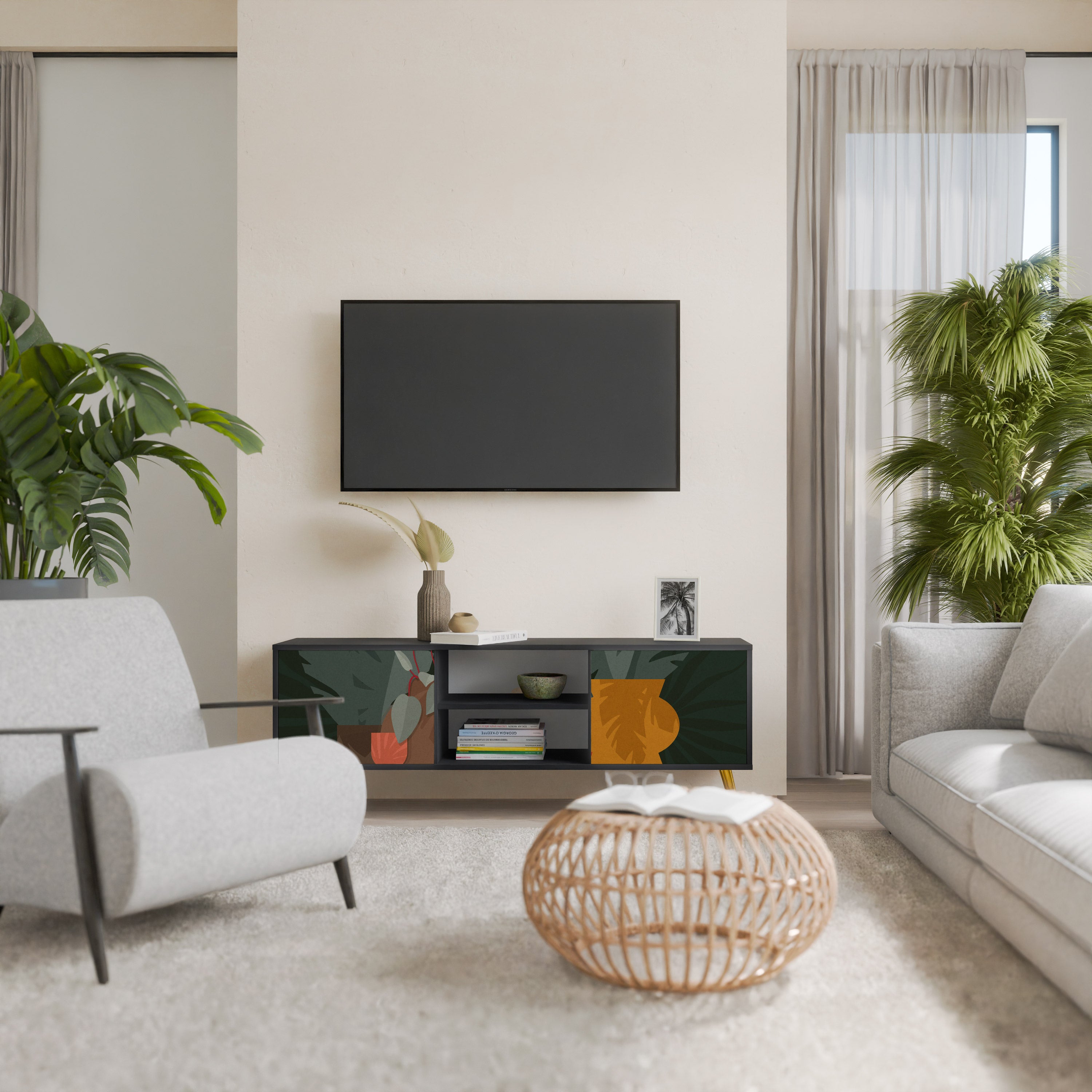 Βάση τηλεόρασης TROPICAL COMPOSITION με 2 πόρτες σε μαύρο φινίρισμα