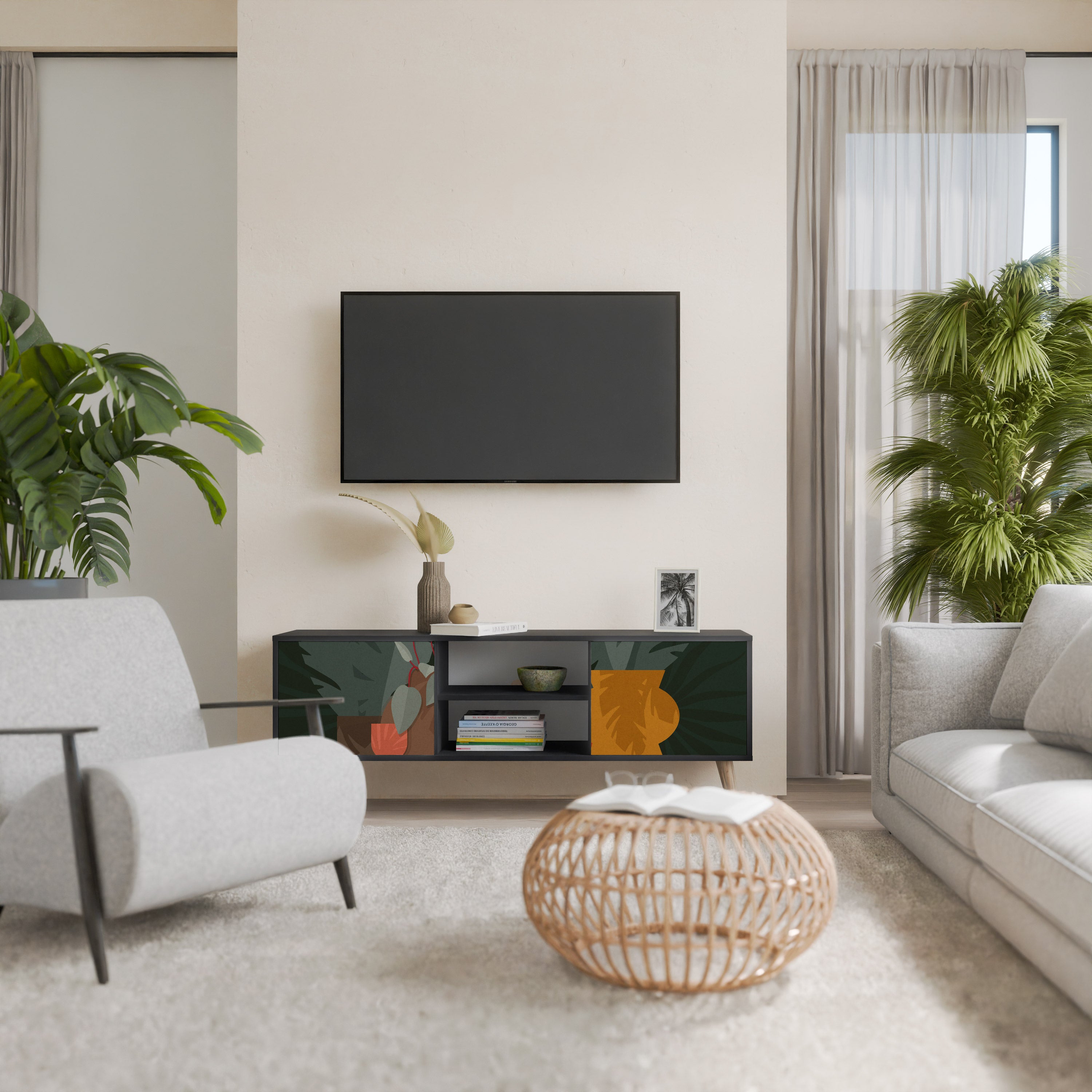 Βάση τηλεόρασης TROPICAL COMPOSITION με 2 πόρτες σε μαύρο φινίρισμα