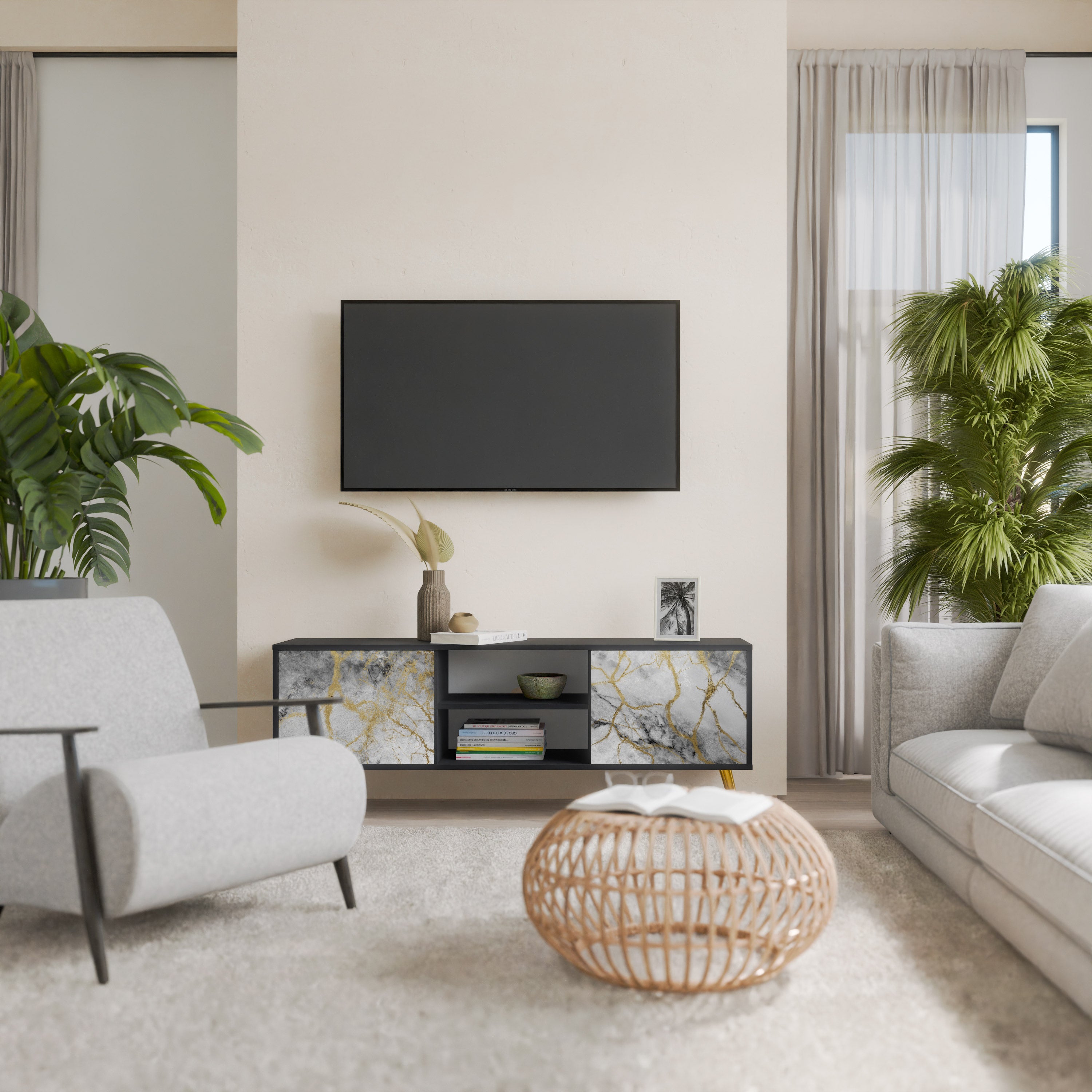 Βάση τηλεόρασης TIMELESS GLIDE 2 θυρών σε μαύρο φινίρισμα