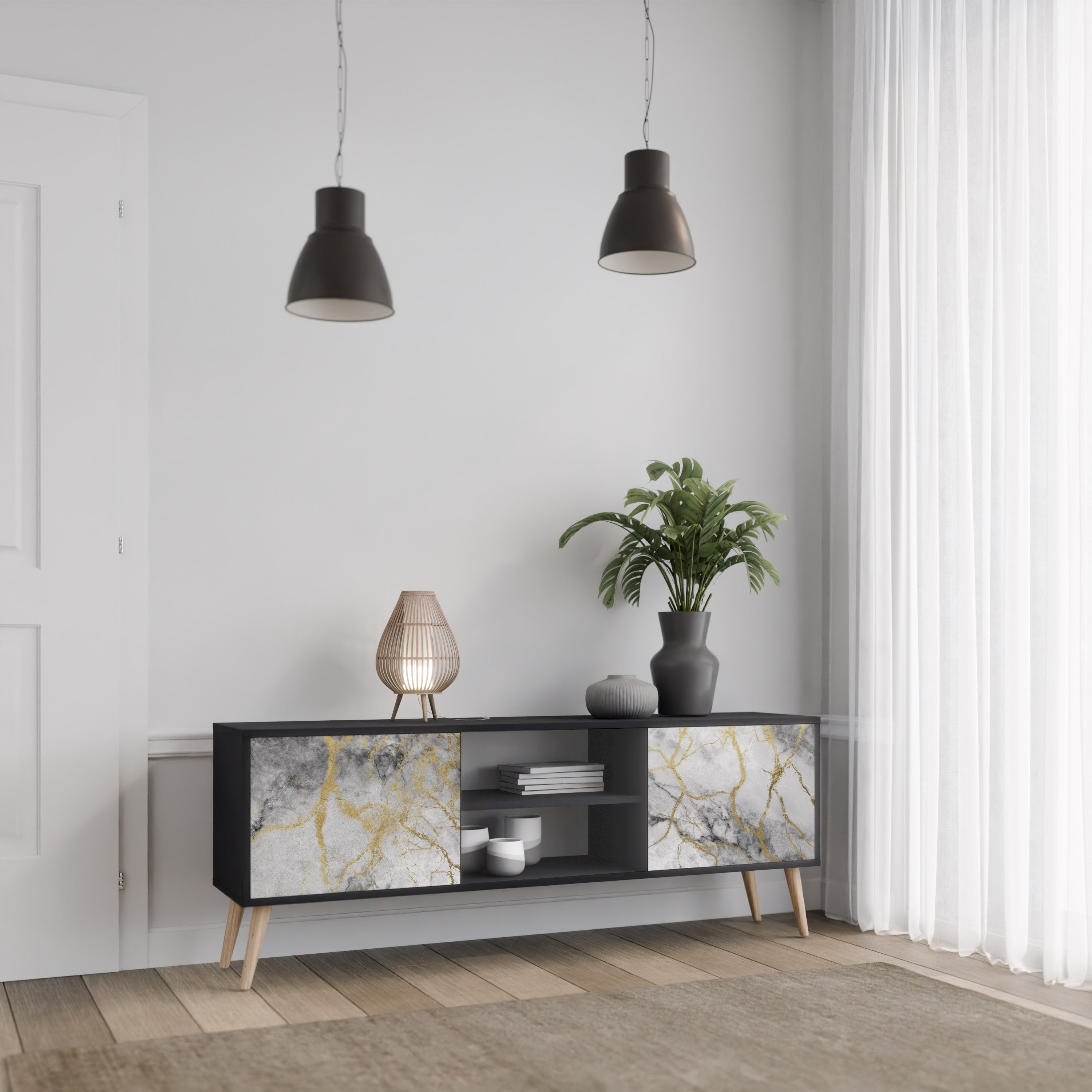 Βάση τηλεόρασης TIMELESS GLIDE 2 θυρών σε μαύρο φινίρισμα