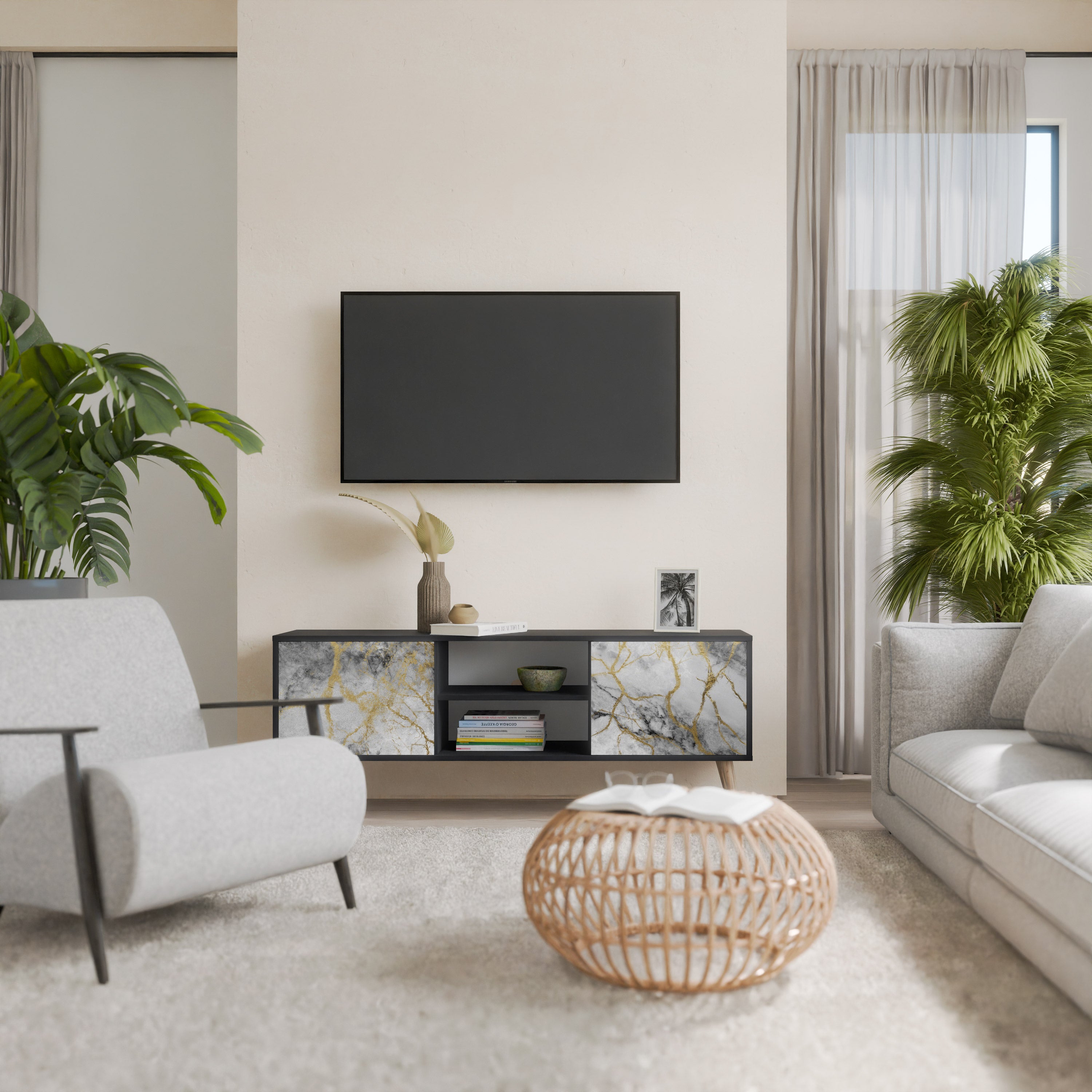 Βάση τηλεόρασης TIMELESS GLIDE 2 θυρών σε μαύρο φινίρισμα