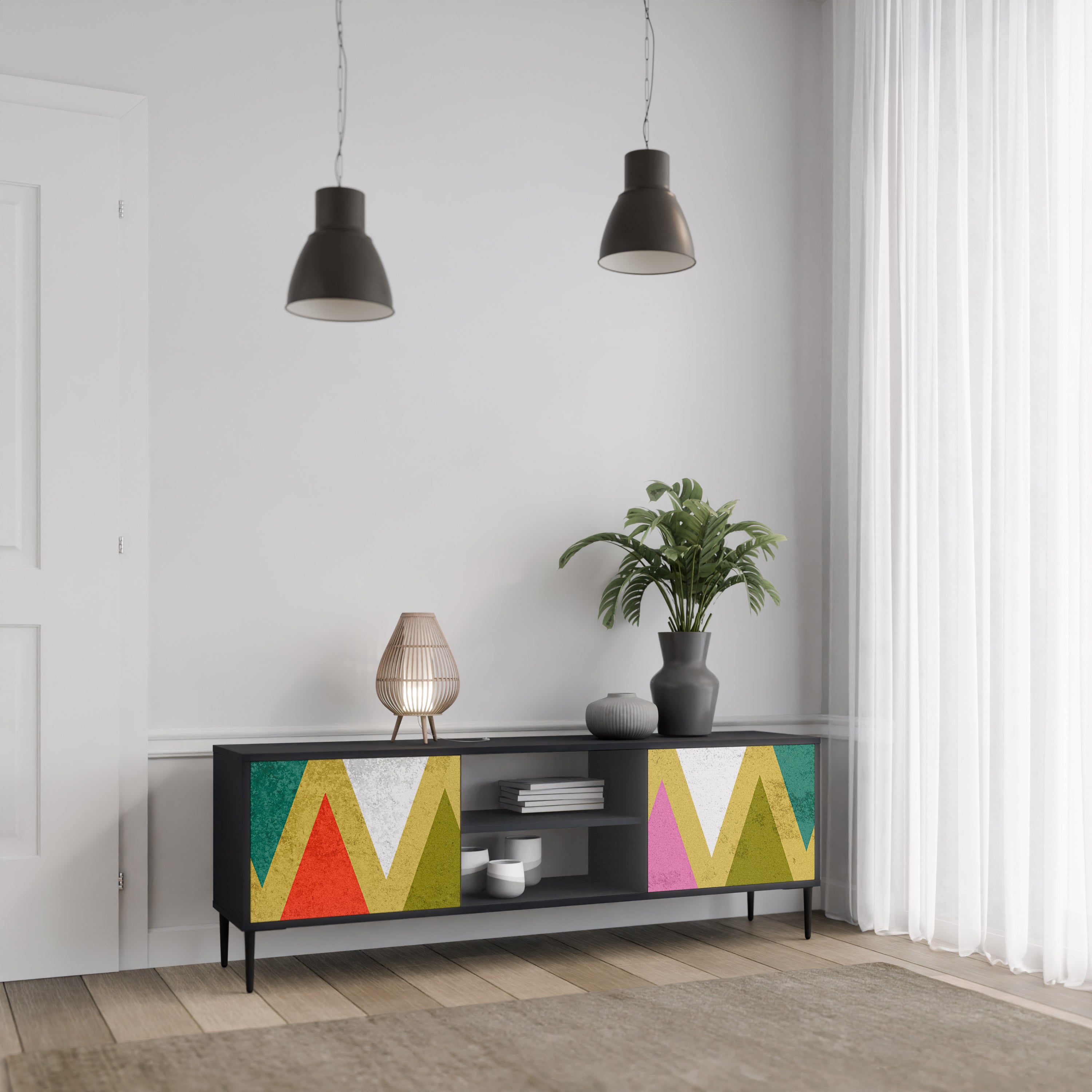 Βάση τηλεόρασης COLORFUL TRIANGLES 2 πορτών σε μαύρο φινίρισμα