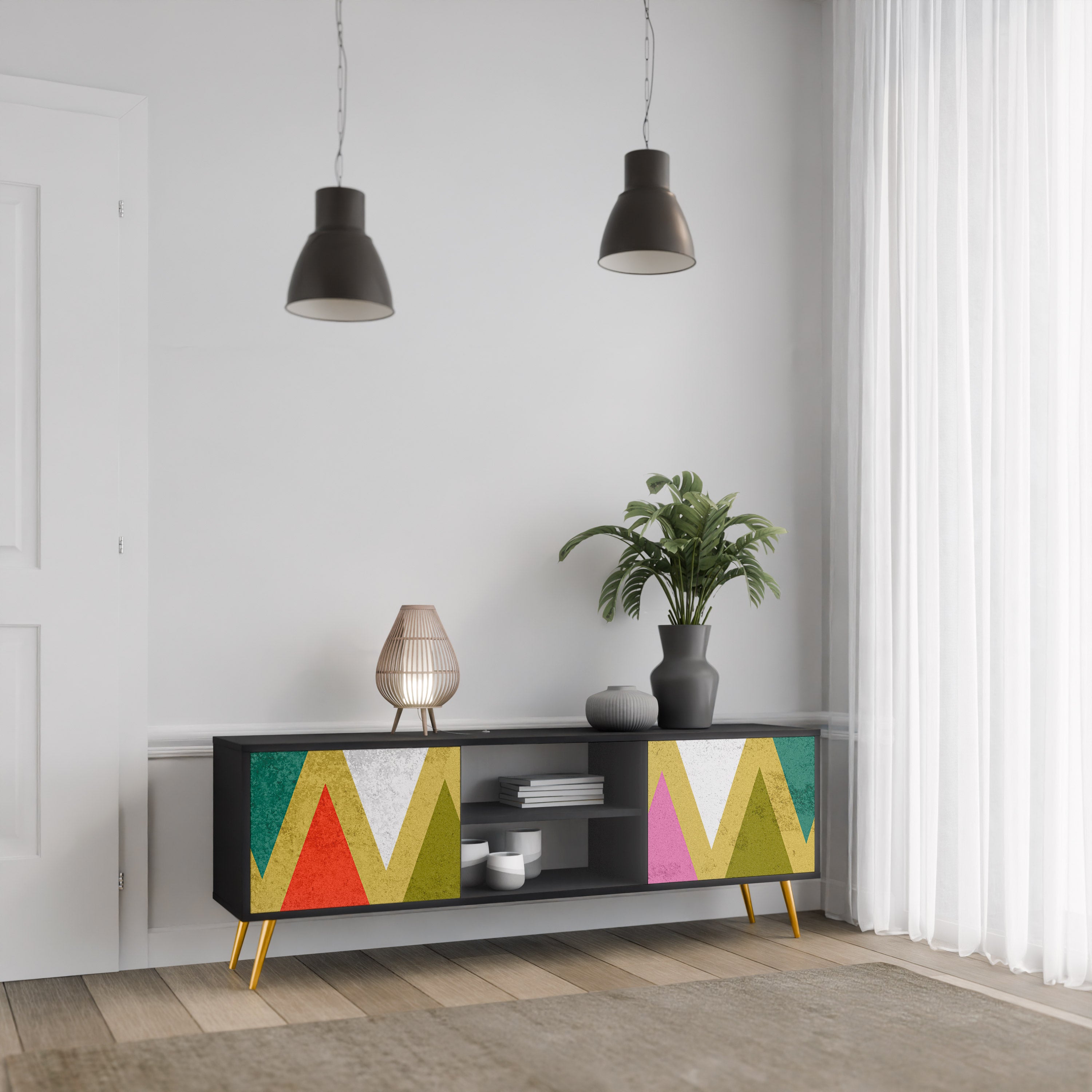 Βάση τηλεόρασης COLORFUL TRIANGLES 2 πορτών σε μαύρο φινίρισμα