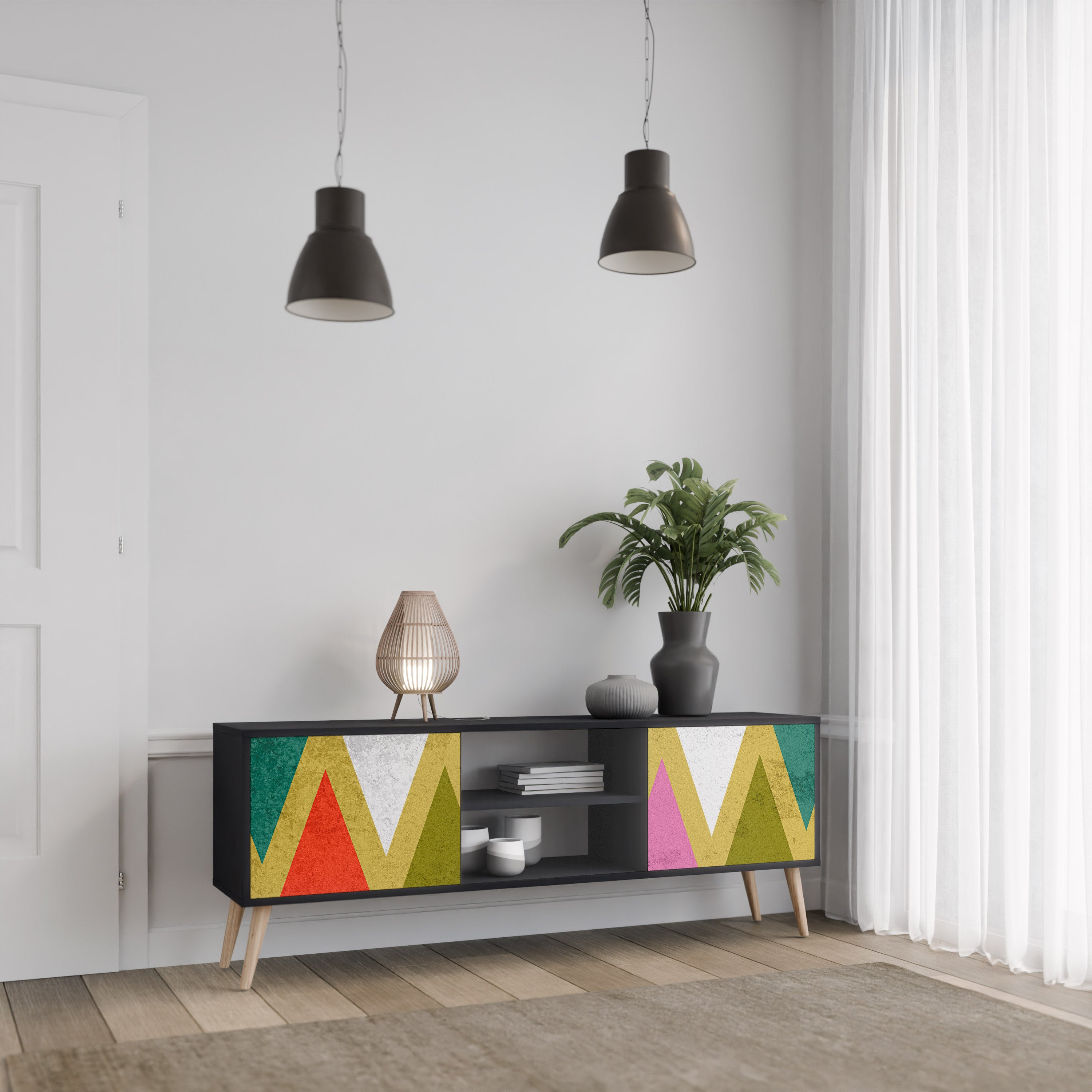 Βάση τηλεόρασης COLORFUL TRIANGLES 2 πορτών σε μαύρο φινίρισμα