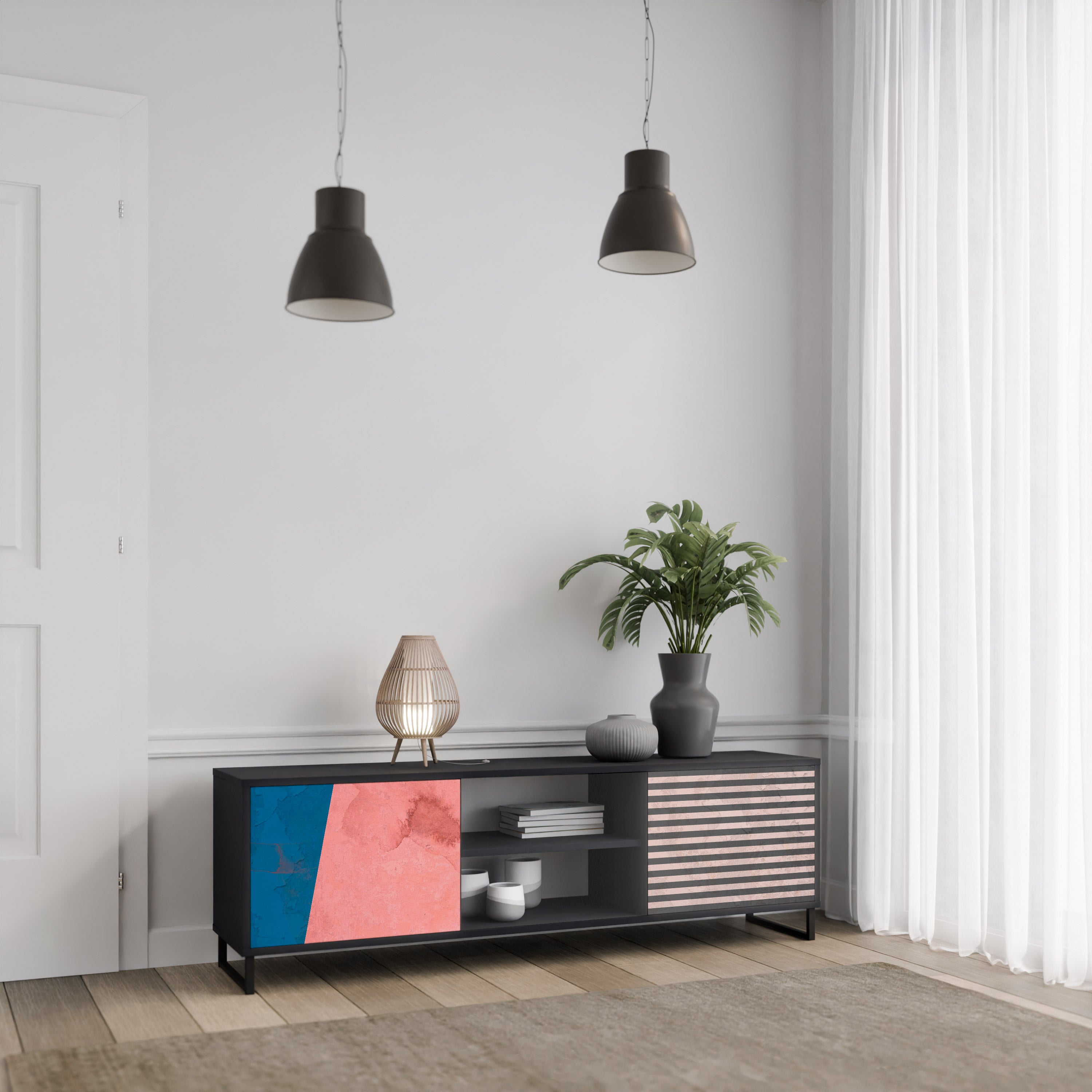 Βάση τηλεόρασης GLAMOROUS STRIPE με 2 πόρτες σε μαύρο φινίρισμα