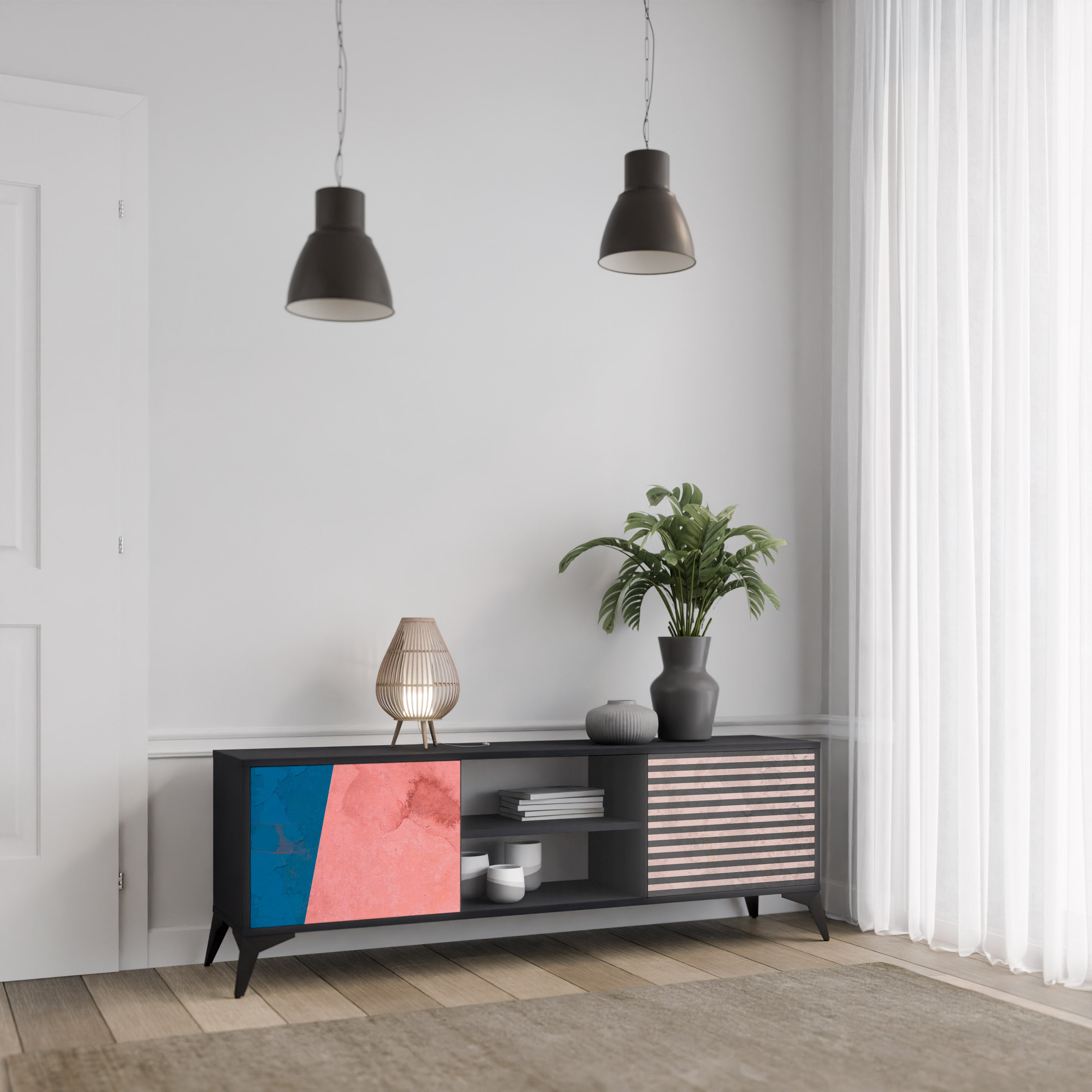 Βάση τηλεόρασης GLAMOROUS STRIPE με 2 πόρτες σε μαύρο φινίρισμα