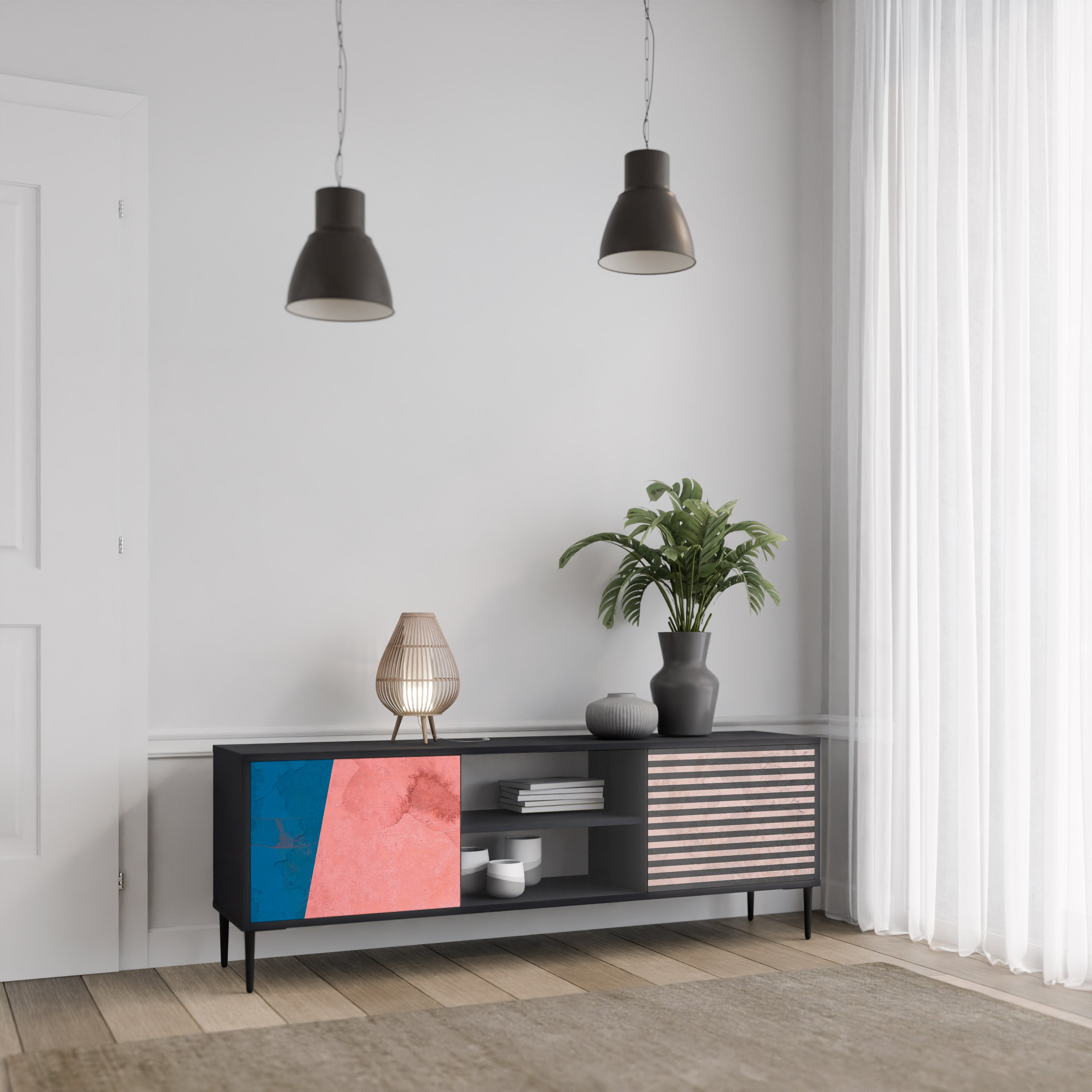 Βάση τηλεόρασης GLAMOROUS STRIPE με 2 πόρτες σε μαύρο φινίρισμα