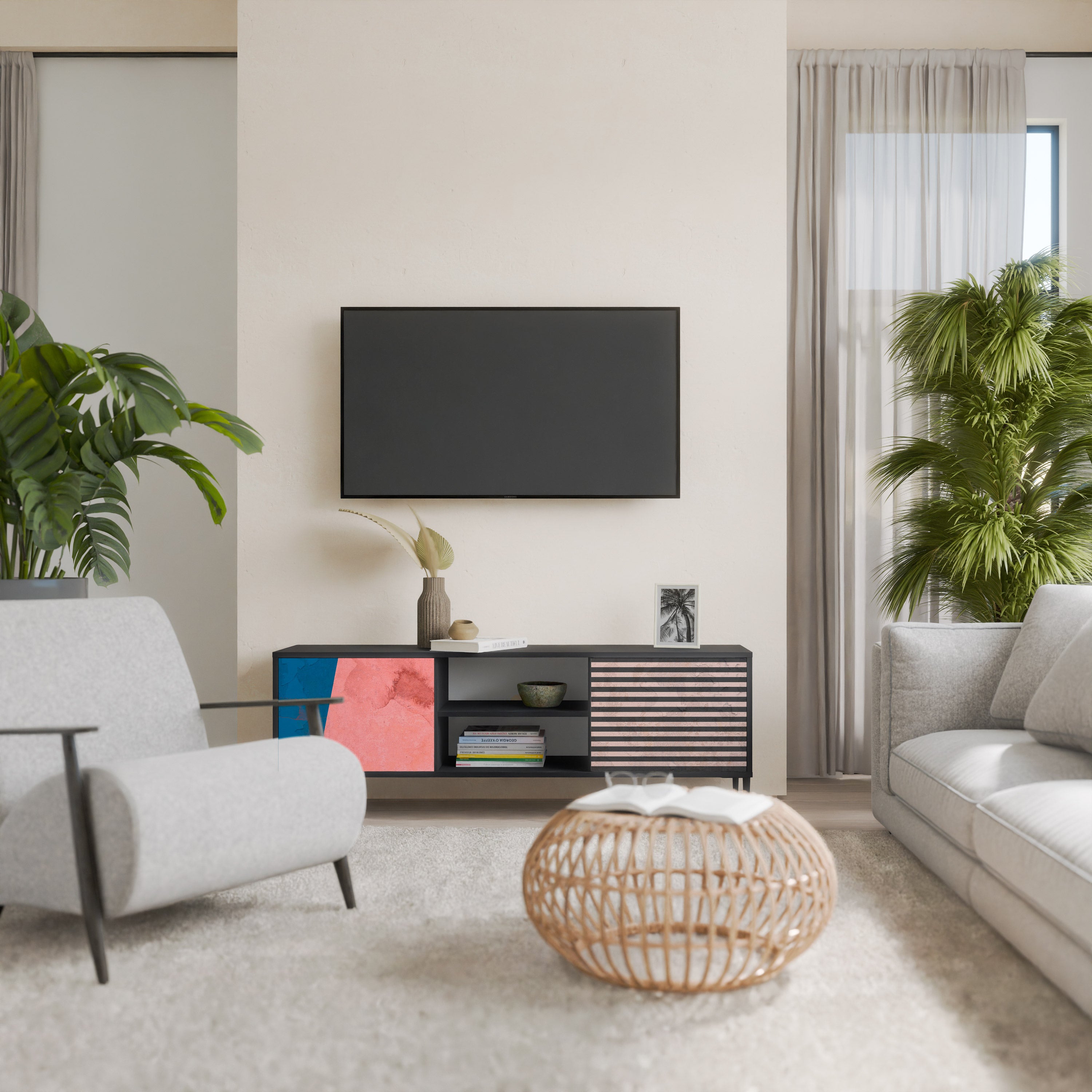 Βάση τηλεόρασης GLAMOROUS STRIPE με 2 πόρτες σε μαύρο φινίρισμα