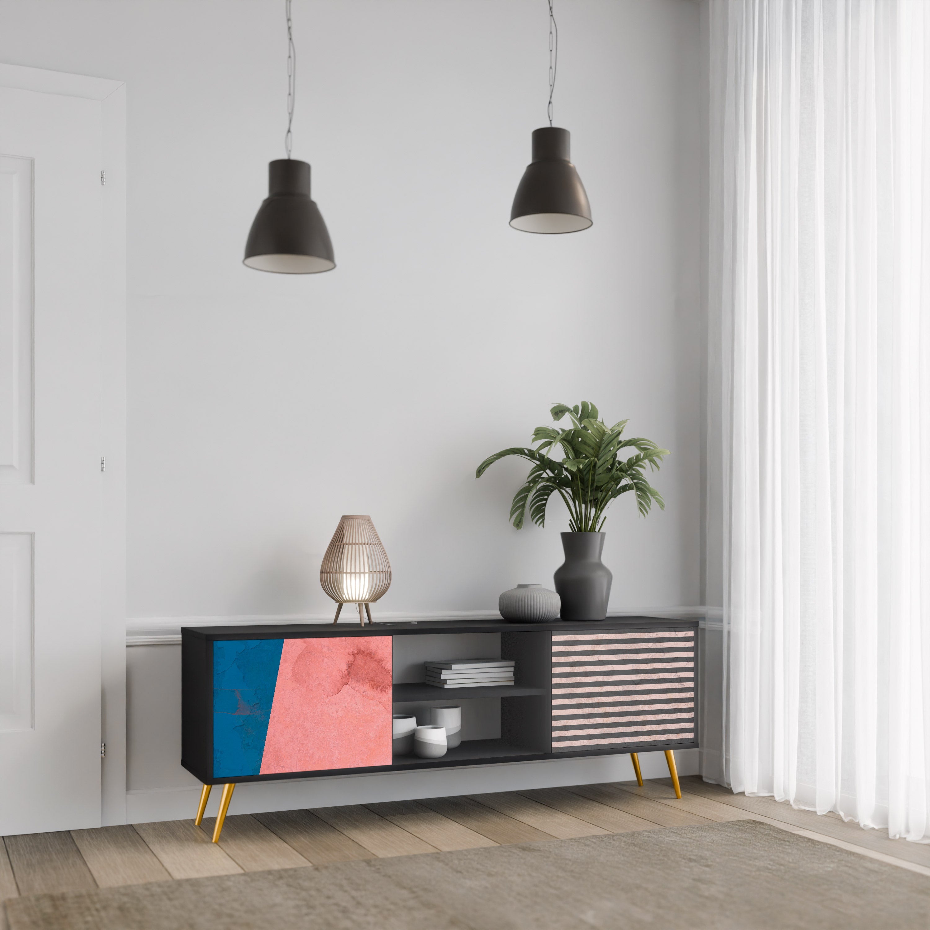 Βάση τηλεόρασης GLAMOROUS STRIPE με 2 πόρτες σε μαύρο φινίρισμα